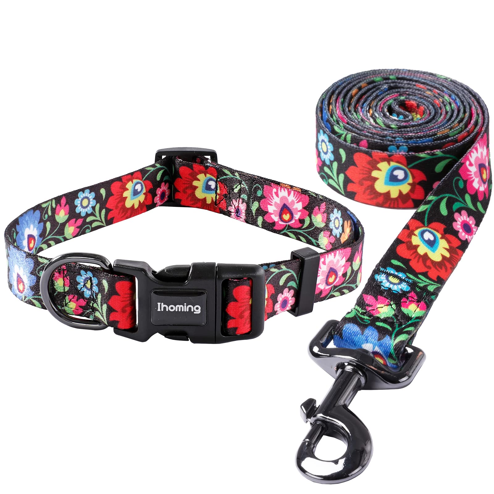 **iHoming Adjustable Puppy Collar & Leash Set for Small Dogs & Cats (XS, Up to 10LBS) - Black Floral Design - Perfect for Daily Walks, Running & Training - Ideal for Small Breed Pets**    *(Use Case: Great for outdoor adventures, park visits, or neighborhood strolls with your tiny furry friend!)*