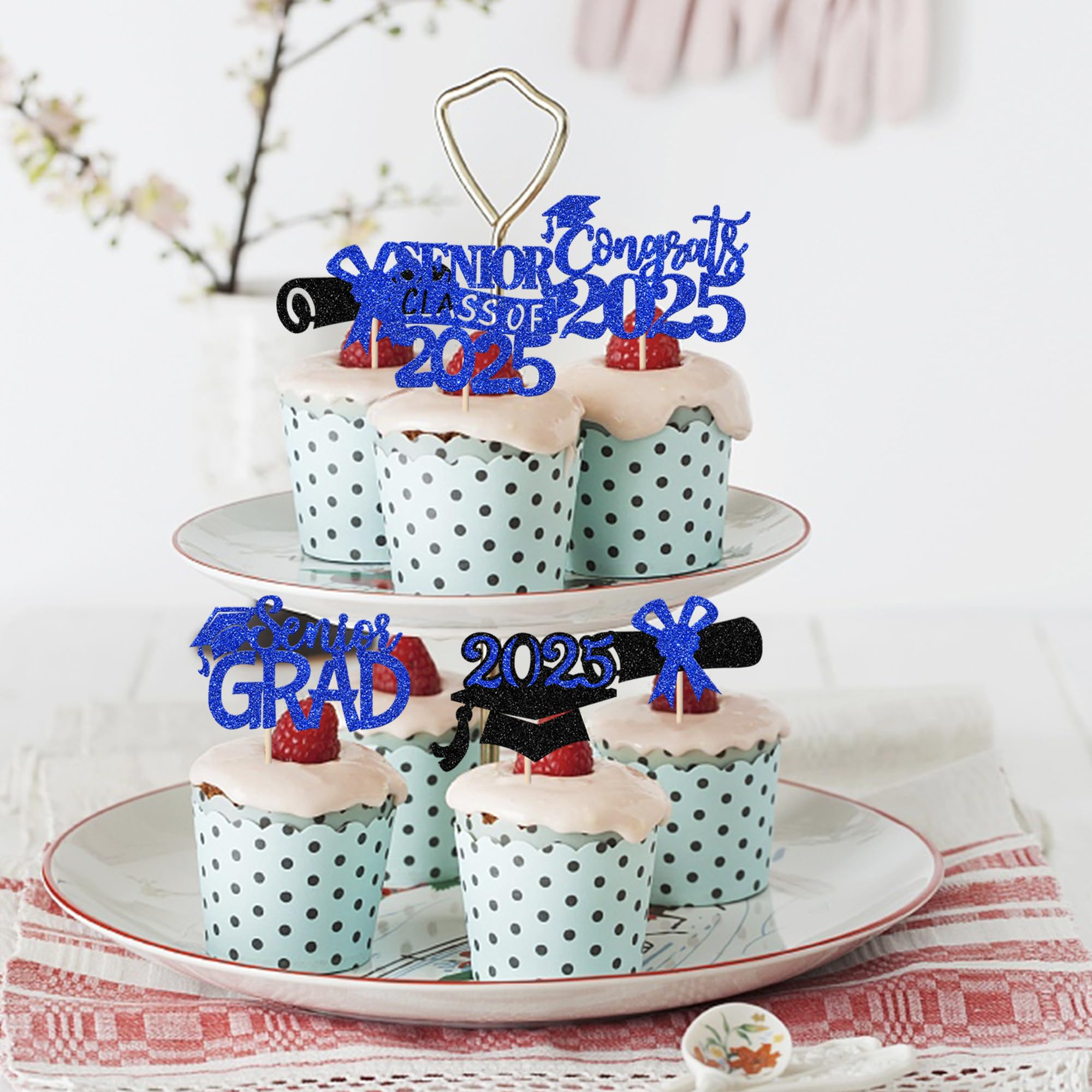 30 Pack Graduation 2025 Cupcake Toppers - Glitter Senior Class of 2025 Cake Decorations - Diploma Cupcake Picks for Graduation Party Supplies (Blue) - Perfect for High School & College Graduation Celebrations