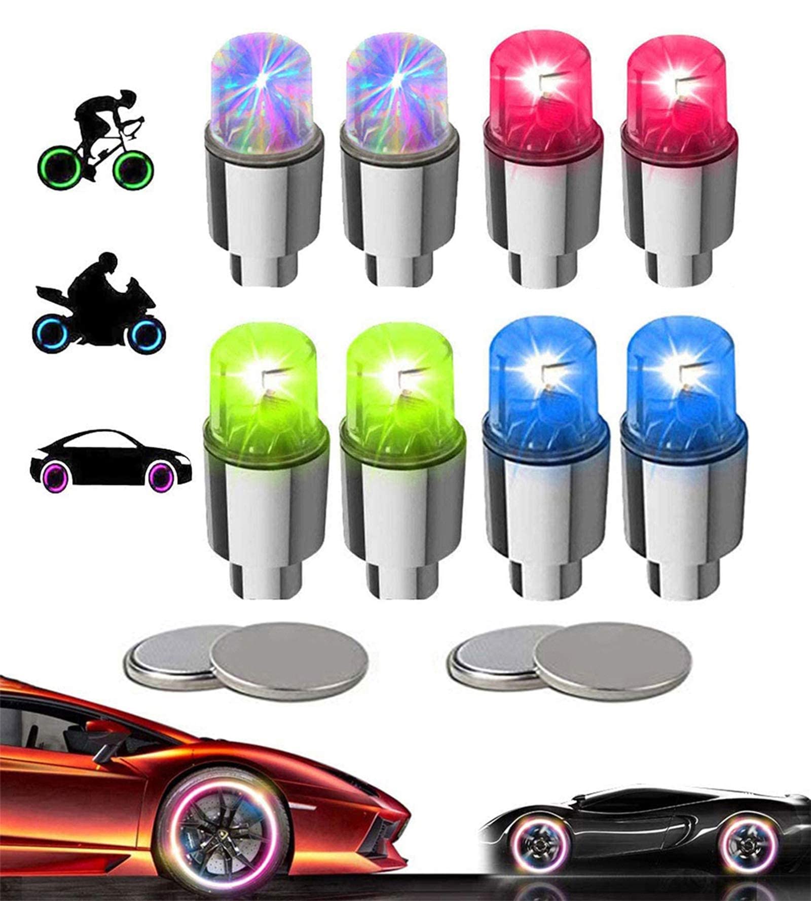 YUERWOVER 4 Pack LED Bike Wheel Lights - Waterproof Tire Valve Cap Lights with 10 Extra Batteries for Bicycle, Motorcycle, Kids Bikes - Perfect for Night Riding, Safety Visibility & Festive Decorations