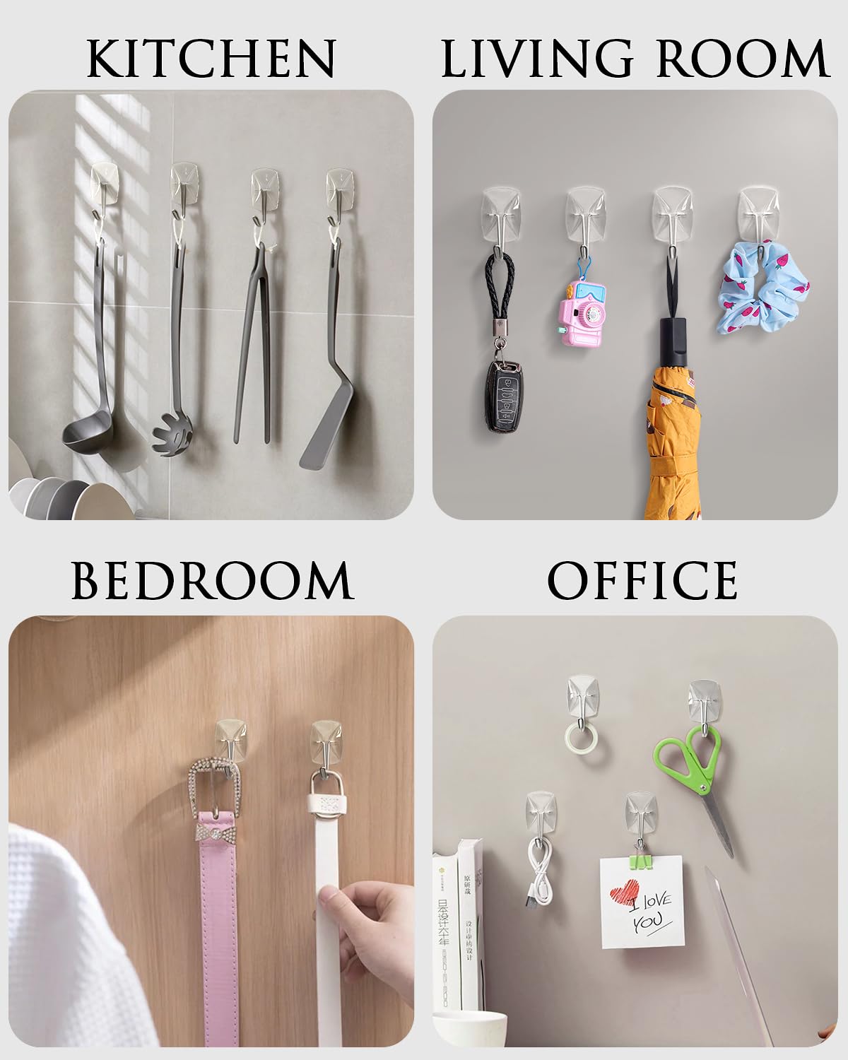 20 Pack Clear Adhesive Wall Hooks - No Damage Waterproof Sticky Hanging Hooks for Keys, Decor & Organization | Perfect for Dorm, Kitchen, Home Office & Christmas Decorations