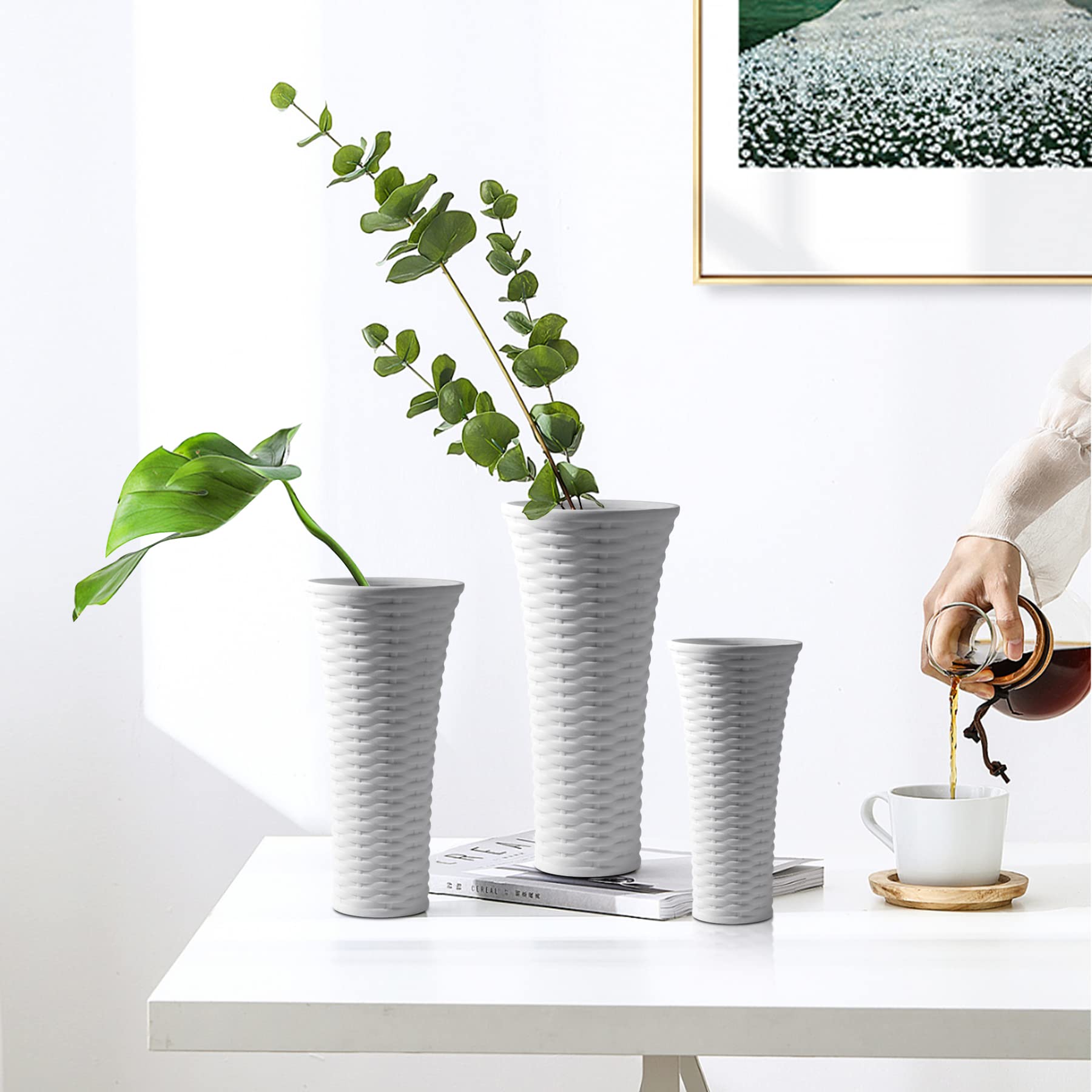 ComSaf 3-Piece White Ceramic Vase Set - Elegant Porcelain Flower Vases with Rattan Design for Home Decor | Perfect for Living Room, Wedding Centerpieces & Farmhouse Style Decor
