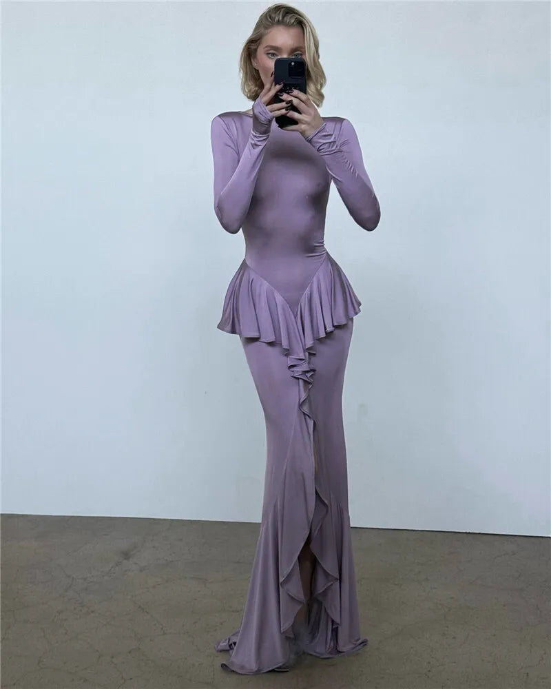 Sexy Backless Ruffled Maxi Dress for Women - Elegant O-Neck Long Sleeve Evening Gown with Thigh High Split | Perfect for Prom, Wedding Guest & Cocktail Parties
