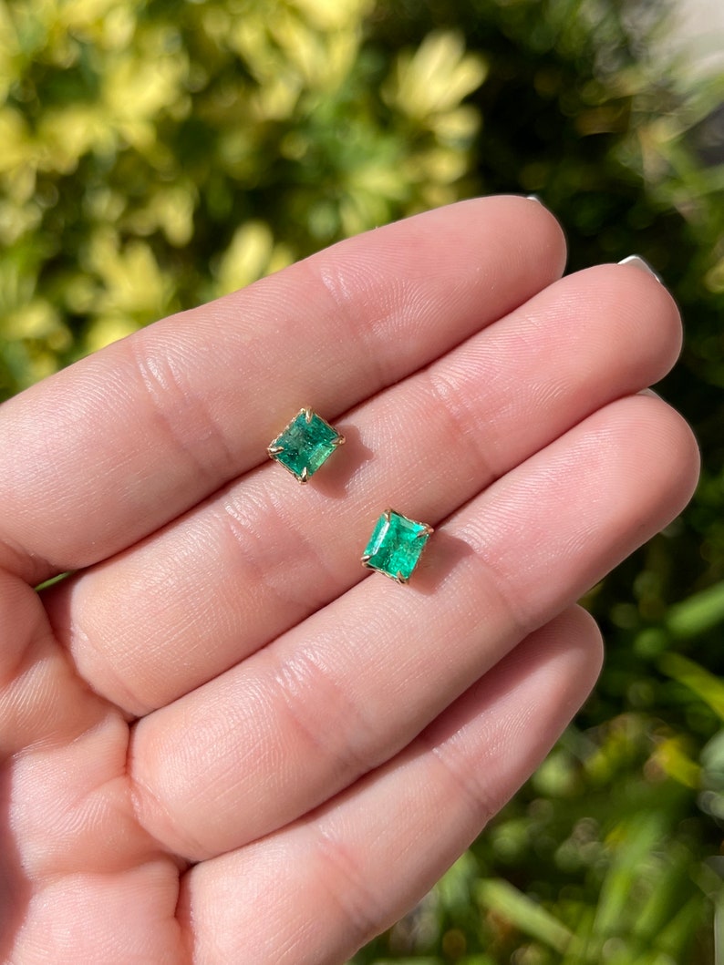 2.03 Carat Total Weight (TCW) Rich Green Natural Emerald Cut Diamond Accent Hidden Halo Earrings in 14K Gold - Elegant Jewelry for Weddings, Parties & Special Occasions