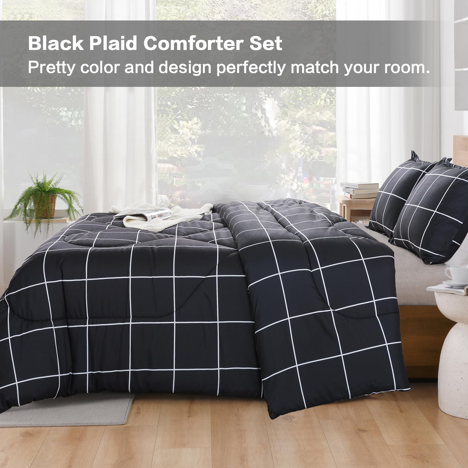 Andency Black Full Size 3-Piece Comforter Set - Plaid Grid Microfiber Bedding for Boys & Kids | All-Season Soft Lightweight Geometric Bedding Set | Perfect for Kids' Rooms, Dormitories & Guest Bedrooms