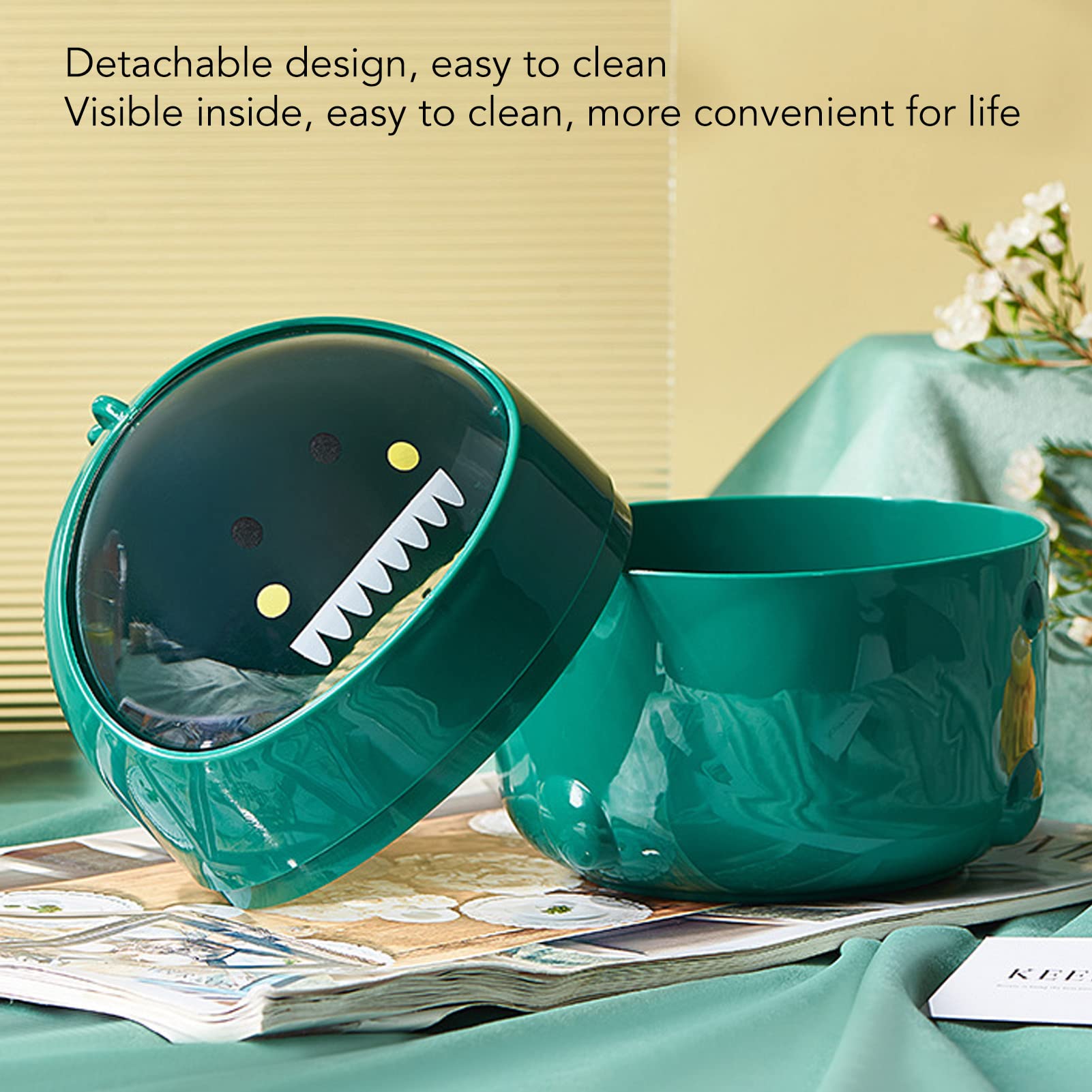 Mini Desktop Trash Can - Cute Baby Dinosaur Design Small Garbage Bin with Lid & Non-Slip Base - Perfect for Office, Bathroom, Kitchen, Desk, Coffee Station - Green Dinosaur Wastebasket for Home and Workspace Organization
