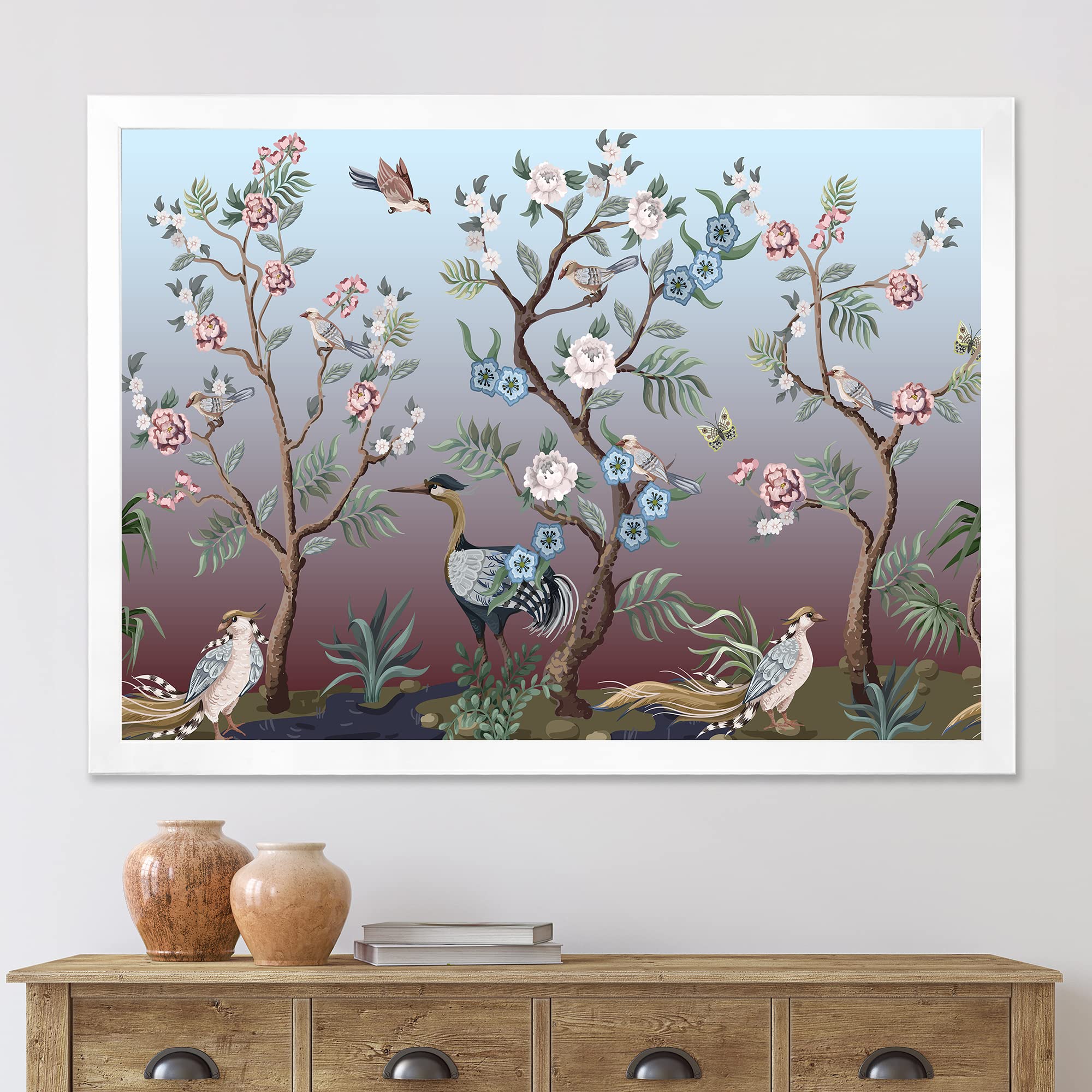 Chinoiserie Framed Wall Art with Birds & Peonies - Traditional Chinese XI Style Home Decor for Living Room, Bedroom & Office