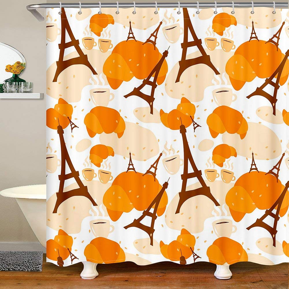Homewish Croissant Bread Pattern Waterproof Shower Curtain - 72x78 Inches, Parisian Eiffel Tower Bathroom Decor with Hooks for Home & Apartment - Perfect for French-Themed Bathrooms and Cozy Farmhouse Style