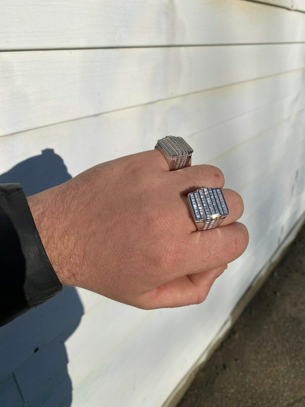 Real Solid 925 Sterling Silver Men's Large Hip Hop Ring with Baguette Diamonds - Iced Out Bling Ring for Pinky or Ring Finger - Perfect for Rappers, Streetwear Fashion & Gift Giving