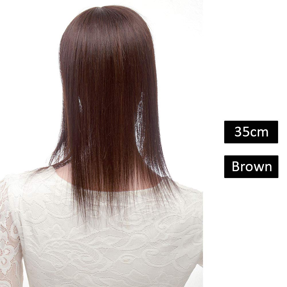 Silky Straight Human Hair Topper Clip-in Wiglet with 3D Wispy Fringe - 35cm Brown | Natural-Looking Hair Extension for Thinning Hair & Instant Volume | Perfect for Daily Wear, Parties & Special Occasions
