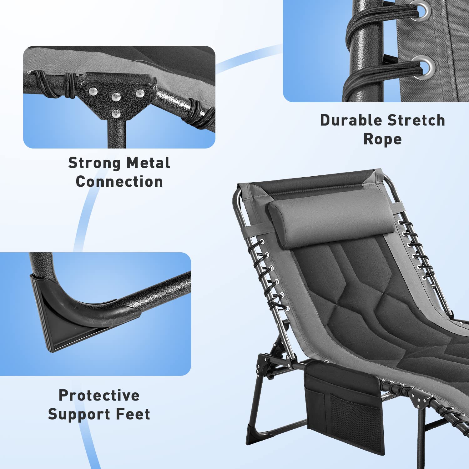 Flamaker Folding Chaise Lounge Chair - 4-Position Adjustable Outdoor Recliner with Pillow & Side Bag - Lightweight Portable Camping Chair for Pool, Beach, Deck, Patio, Backyard & Sunbathing (Grey)