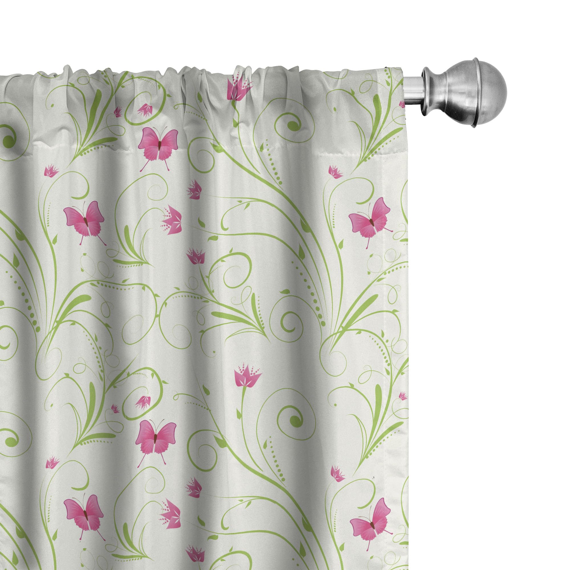 Ambesonne Floral Window Curtains Set of 2 - 28x84 Inch Lightweight Rod Pocket Curtains with Blooming Flowers & Butterflies Design in Apple Green & White | Elegant Home Decor for Living Room, Bedroom & Nursery