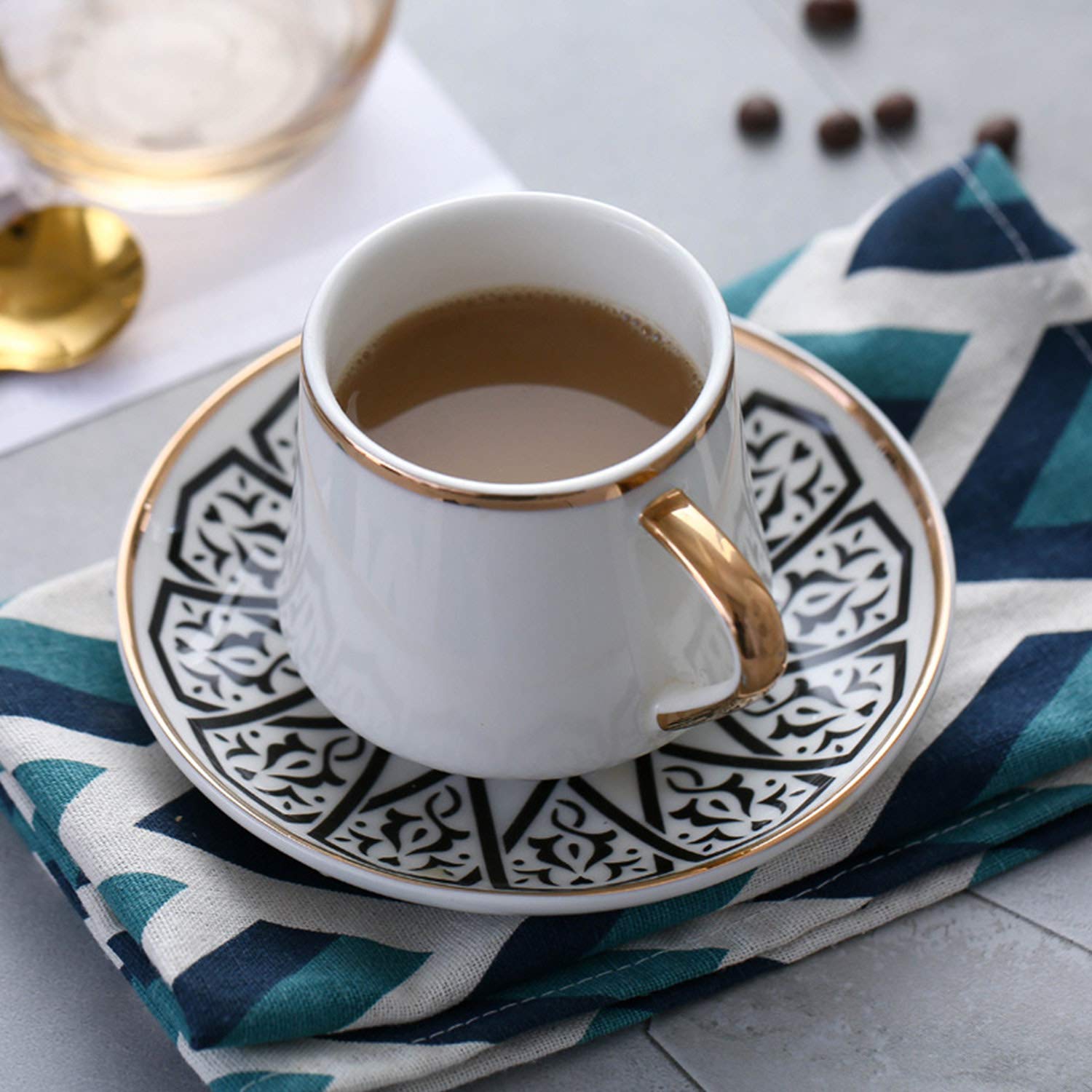 ABHOME 6-Piece Small Espresso Cups and Saucers Set - 2.5 oz Demitasse Cups with Elegant Gold Rim & Gift Box, White Coffee Cup with Decorative Pattern (Black, 80ml) - Perfect for Espresso, Cappuccino, and Afternoon Tea Serving