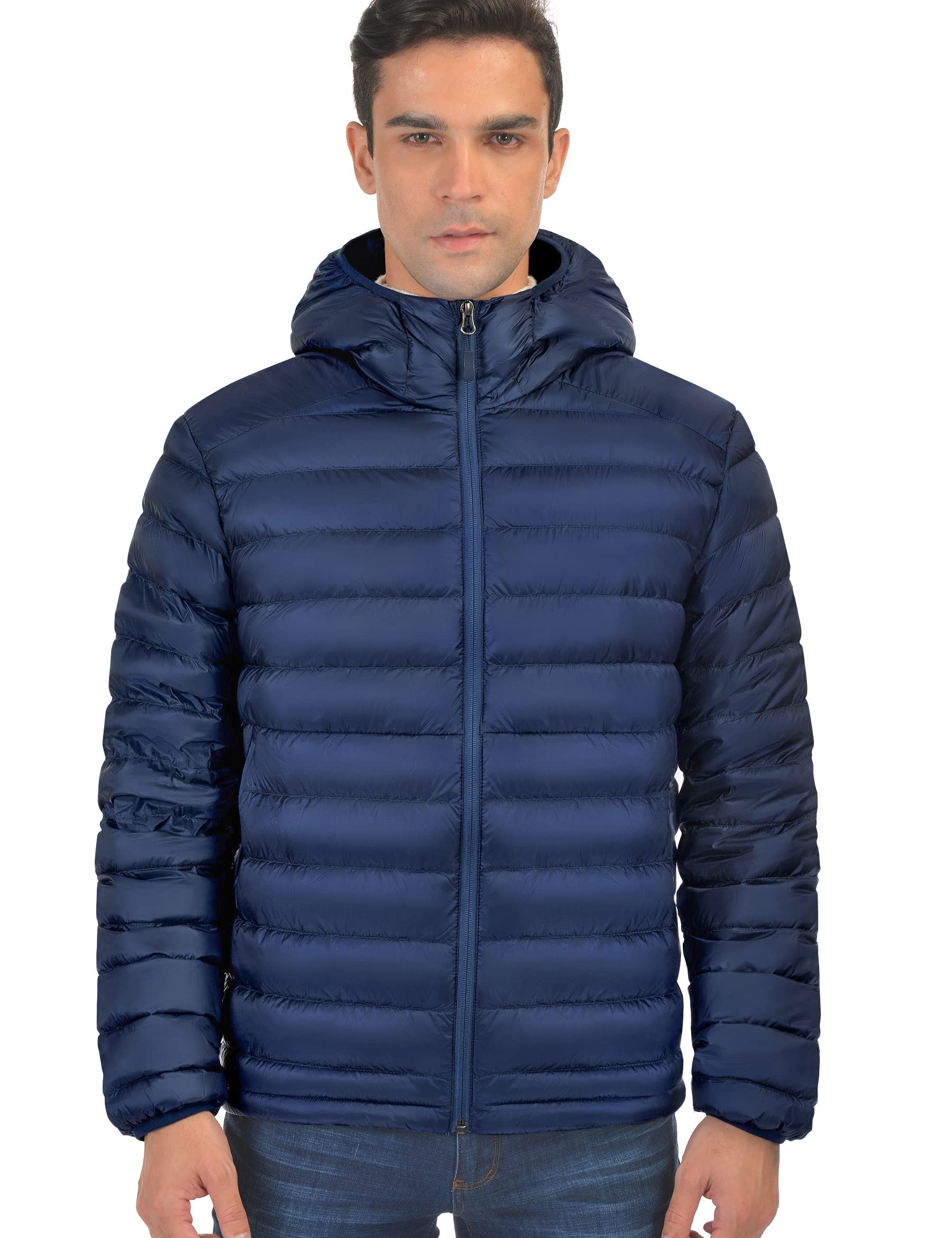 Men's Lightweight Water-Resistant Packable Down Puffer Jacket with Hood - Warm Insulated Winter Coat for Outdoor Activities & Travel
