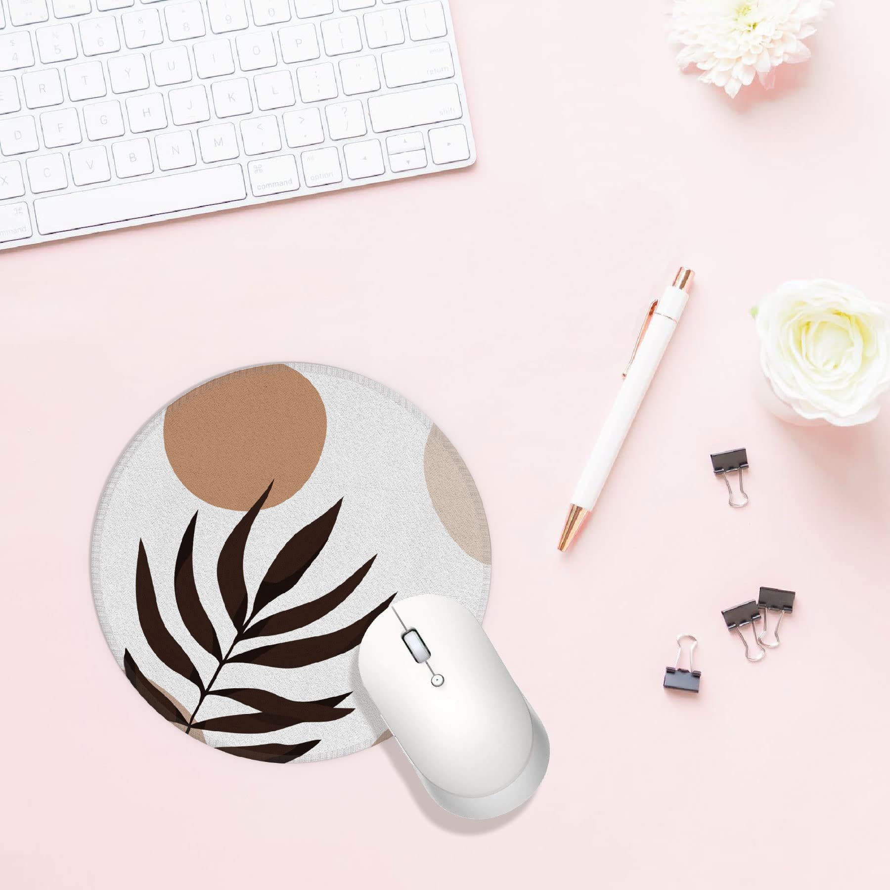 Boho Style Round Mouse Pad - 7.9 x 7.9 Inch Waterproof Rubber Desk Mat - Neutral Aesthetic Office Accessory for Computer, Laptop & Gaming Setup - Perfect for Home Office, Workstation & Study Desk Decor