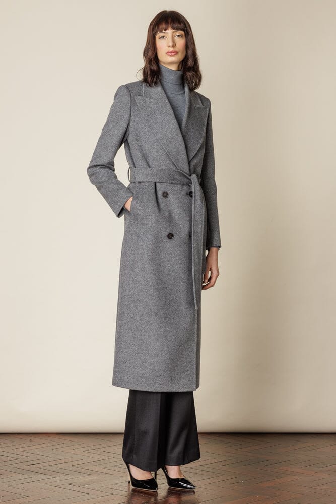 Dita Wide Peak Coat with Belt - Grey Wool Cashmere Blend | Winter Trench Coat for Women | Office, Travel & Formal Occasions