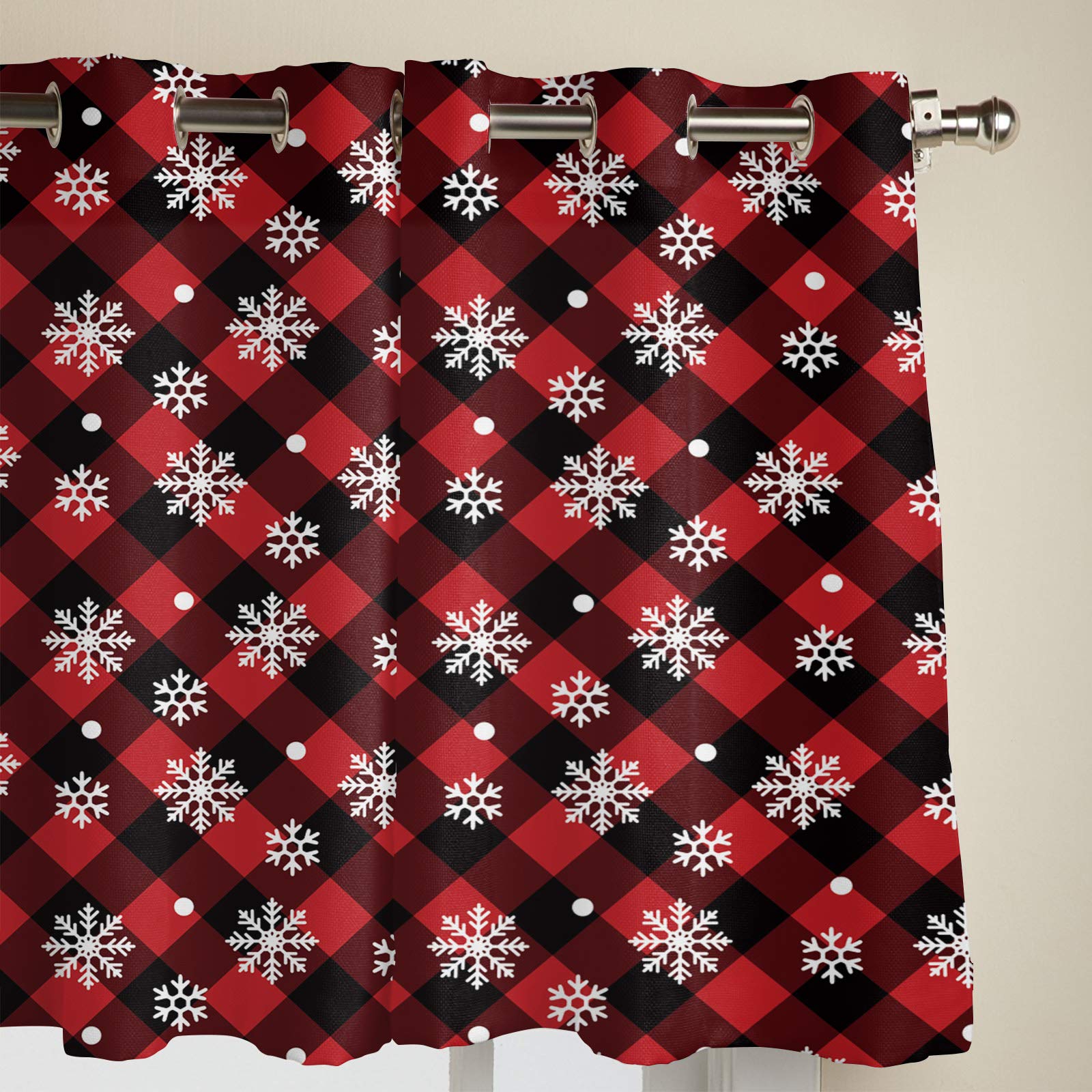 Christmas Snowflake Buffalo Plaid Sheer Curtains - Red & Black Window Treatment, 2 Panels with Grommet Top, 84 Inch Length for Kitchen, Living Room, Bedroom, Patio & Sliding Glass Doors | Holiday Home Decor & Winter Seasonal Drapes