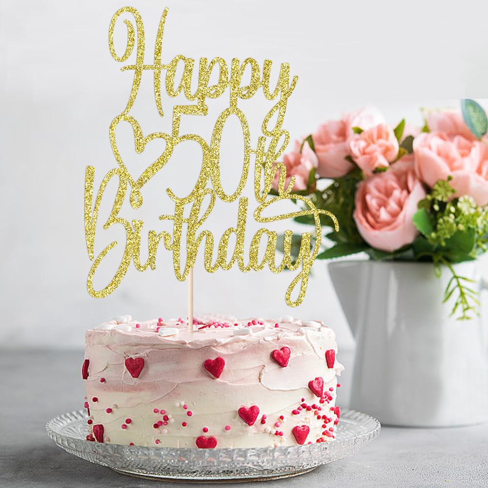 Gold Glitter Happy 50th Birthday Cake Topper - Cheers to 50 Years & Fabulous Cake Decoration for 50th Anniversary Party | Perfect for Milestone Birthday Cakes, Retirement Celebrations & Golden Jubilee Events