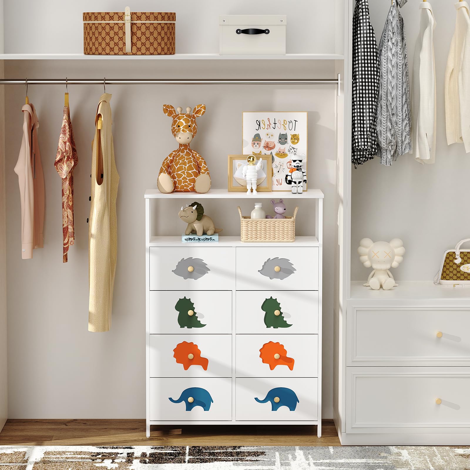 FRAPOW 8-Drawer Kids Dresser with Shelves - Tall Nursery Storage Organizer, Large Fabric Dresser with Wooden Top & Open Shelf, Sturdy Metal Frame - Perfect for Bedroom, Hallway, Living Room & Kids Room Organization