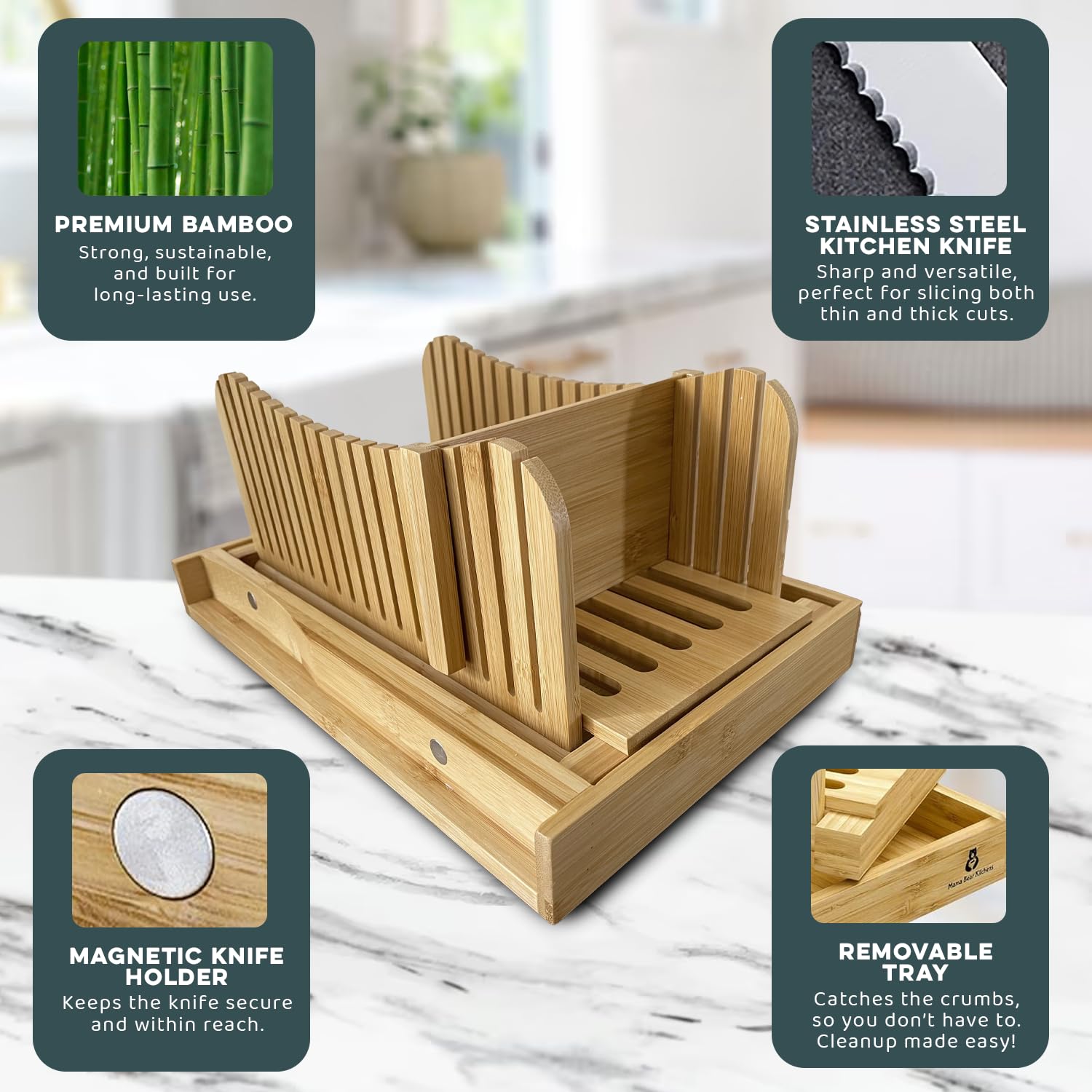 Premium Bamboo Bread Slicer with Stainless Steel Knife - Adjustable Durable Loaf Cutter Guide with Crumb Tray - Foldable, Easy to Clean & Store - Perfect for Homemade Bread, Sandwiches & Toast Preparation
