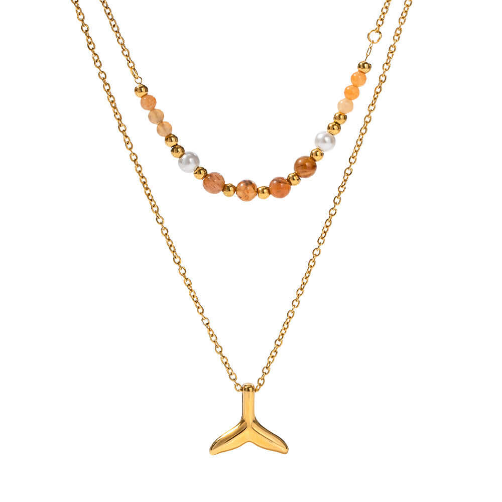 18K Gold Whale Tail Glass Bead Layered Necklace for Women - Elegant Layered Pendant Jewelry Gift for Birthday, Anniversary & Valentine's Day | JDN2306