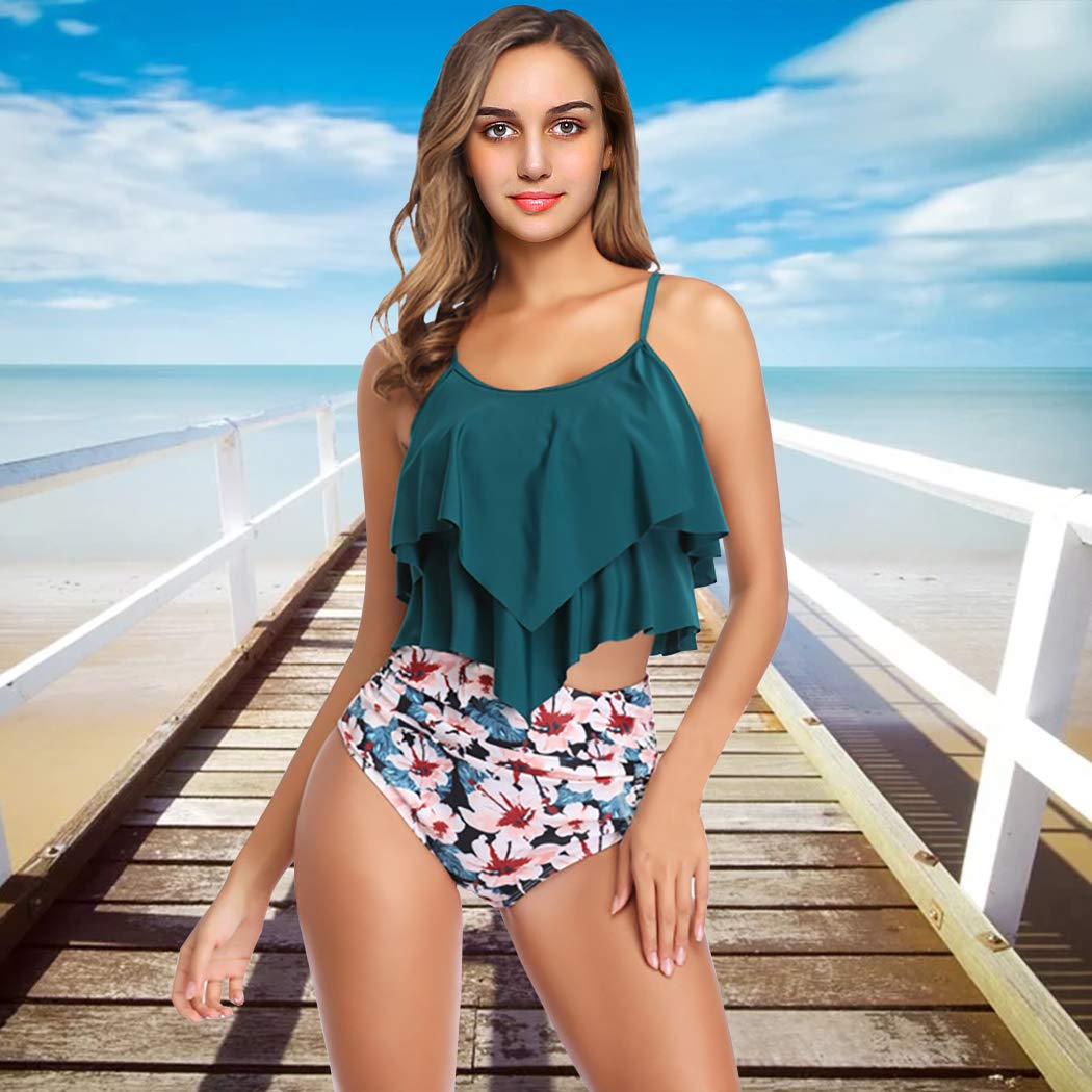 VeMee Women's High Waisted Tankini Swimsuits 2 Piece Set - Tummy Control Ruffled Bikini Bathing Suit | Summer Beach Vacation, Pool Party, Water Sports