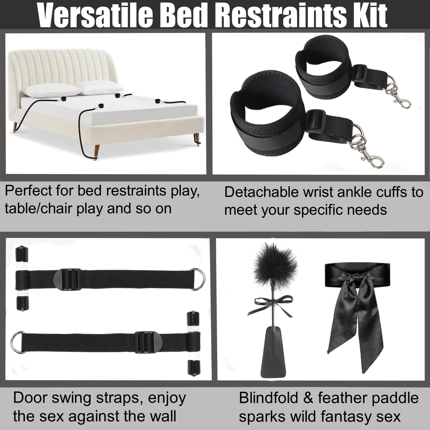 BDSM Bondage Restraints Hogtie Set - 4 Adjustable Bed Restraints & Door Hanging Swing Straps Kit with Handcuffs, Blindfold & Tickler for Couples | Adult Sex Toys for Bedroom Bondage Games & Spicing Up Intimacy