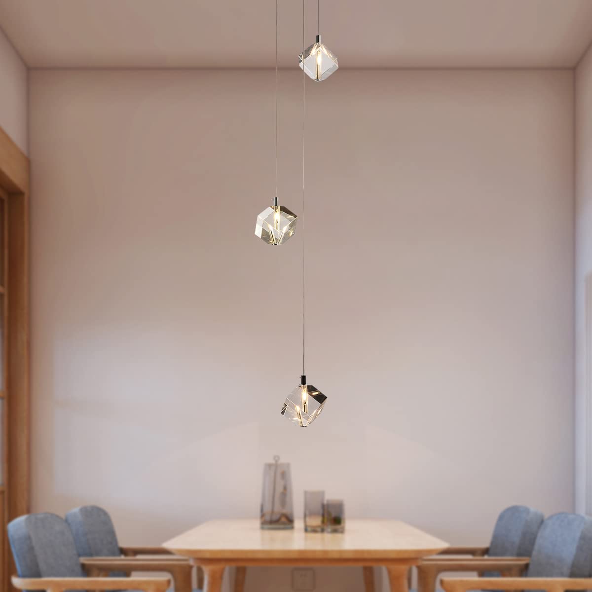 Modern Farmhouse Chandelier - Nordic Crystal Hanging Lamp with Raindrop Chrome Pendant Lights for Entryway, Living Room, Bedroom, Kitchen Island & Dining Room - 3-Light Round Fixture for Cozy Home Decor & Elegant Lighting Solutions