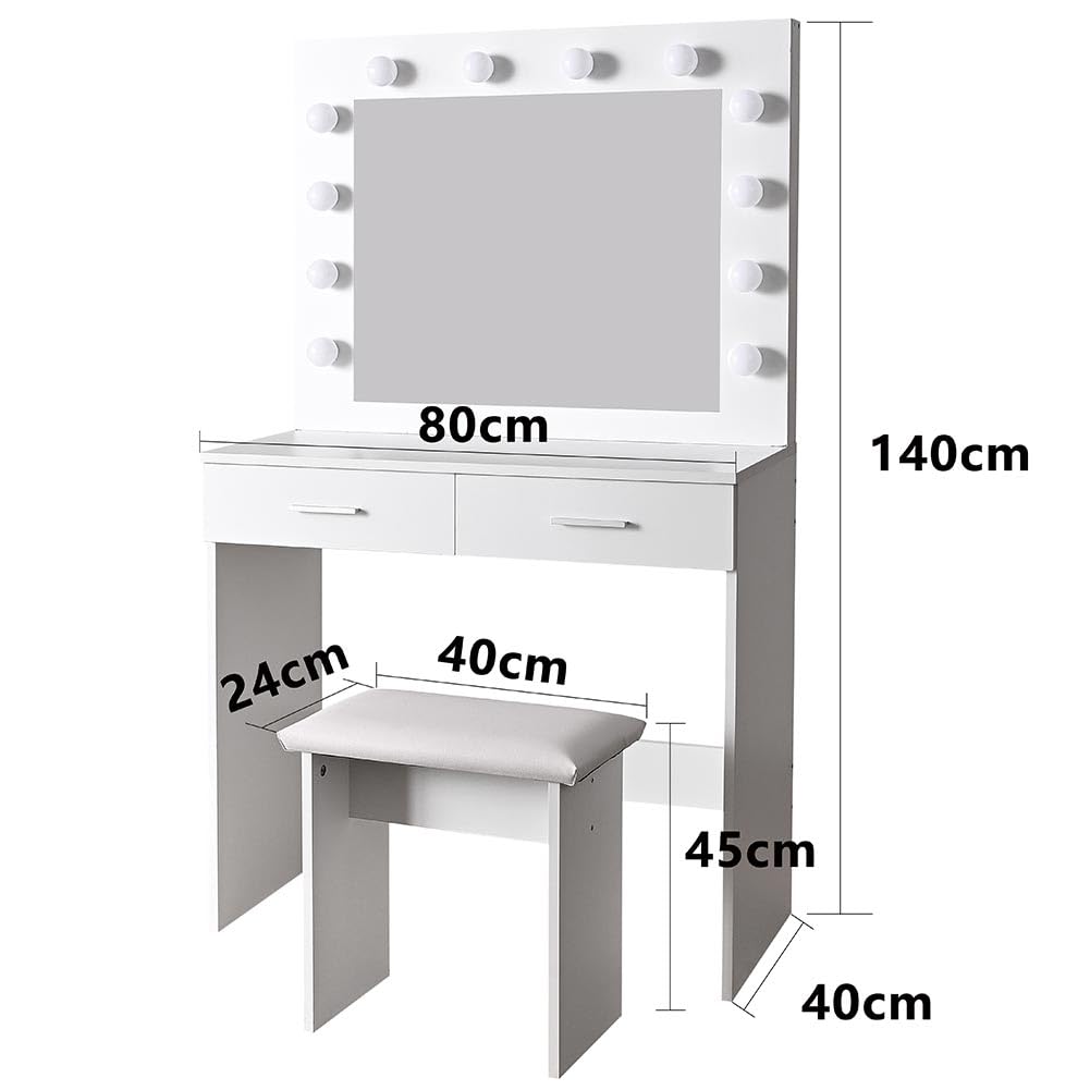 Shally Dogan Makeup Vanity Set with Stool - Ophelia Model with 12 LED Lights, Wooden White Dressing Table with Mirror & Drawers, Padded Comfortable Seat, Cold & Warm Lighting - Perfect for Bedroom Makeup Station, Beauty Room Decor, Bridal Dressing Area