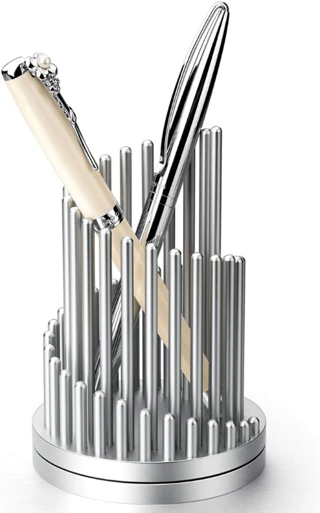 Quick-Rotating Desk Pencil & Pen Holder - Creative Metal Makeup Brush Organizer - Silver Office Stationery for Stress Relief | Perfect for Home Office, Study Desk & Makeup Vanity Organization