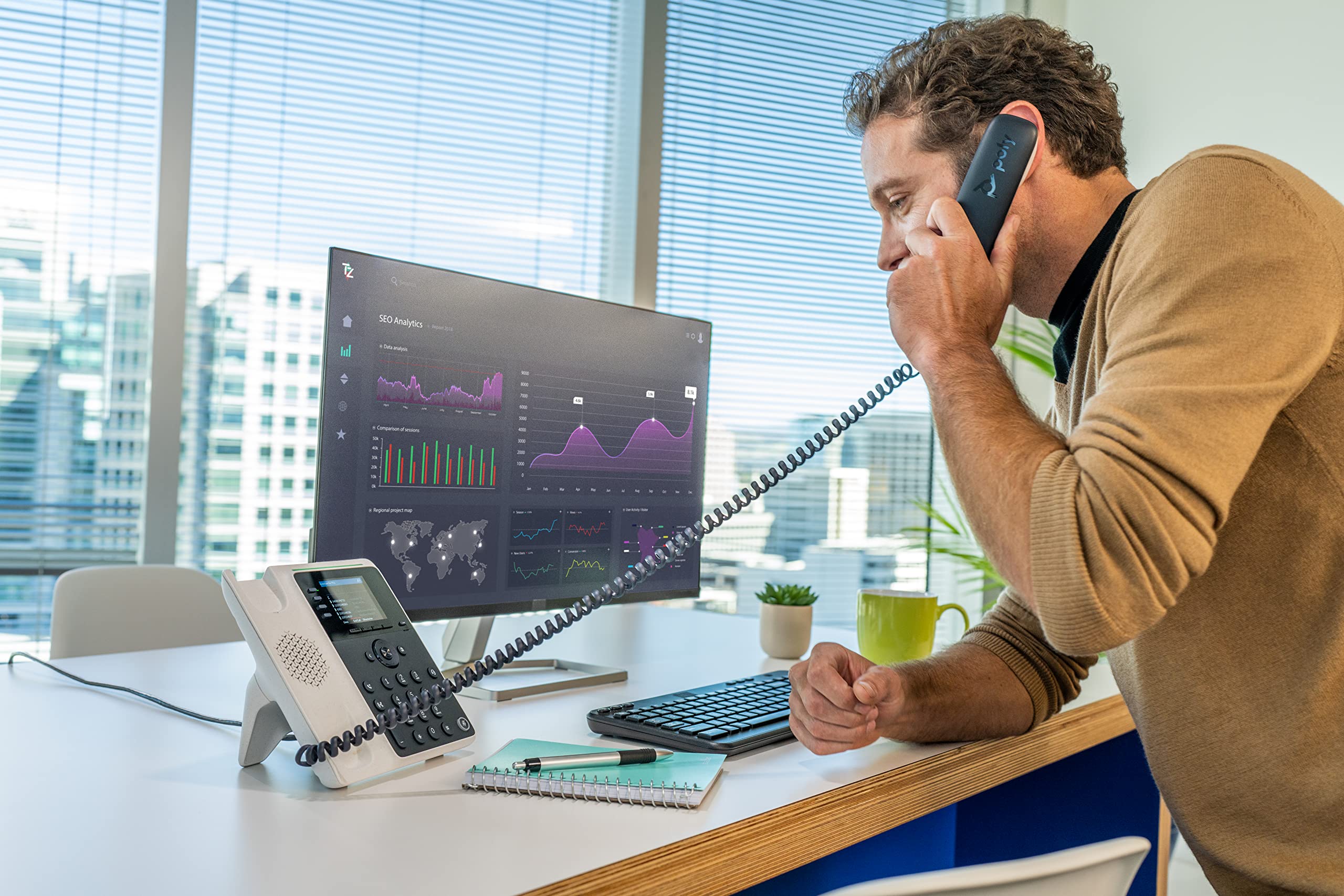 Plantronics Poly Edge E220 IP Desk Phone with 4-Line Keys & Bluetooth – Supports 16 Lines, Mobile & Headset Pairing – Ideal for Office Common Areas, Conference Rooms & Call Centers