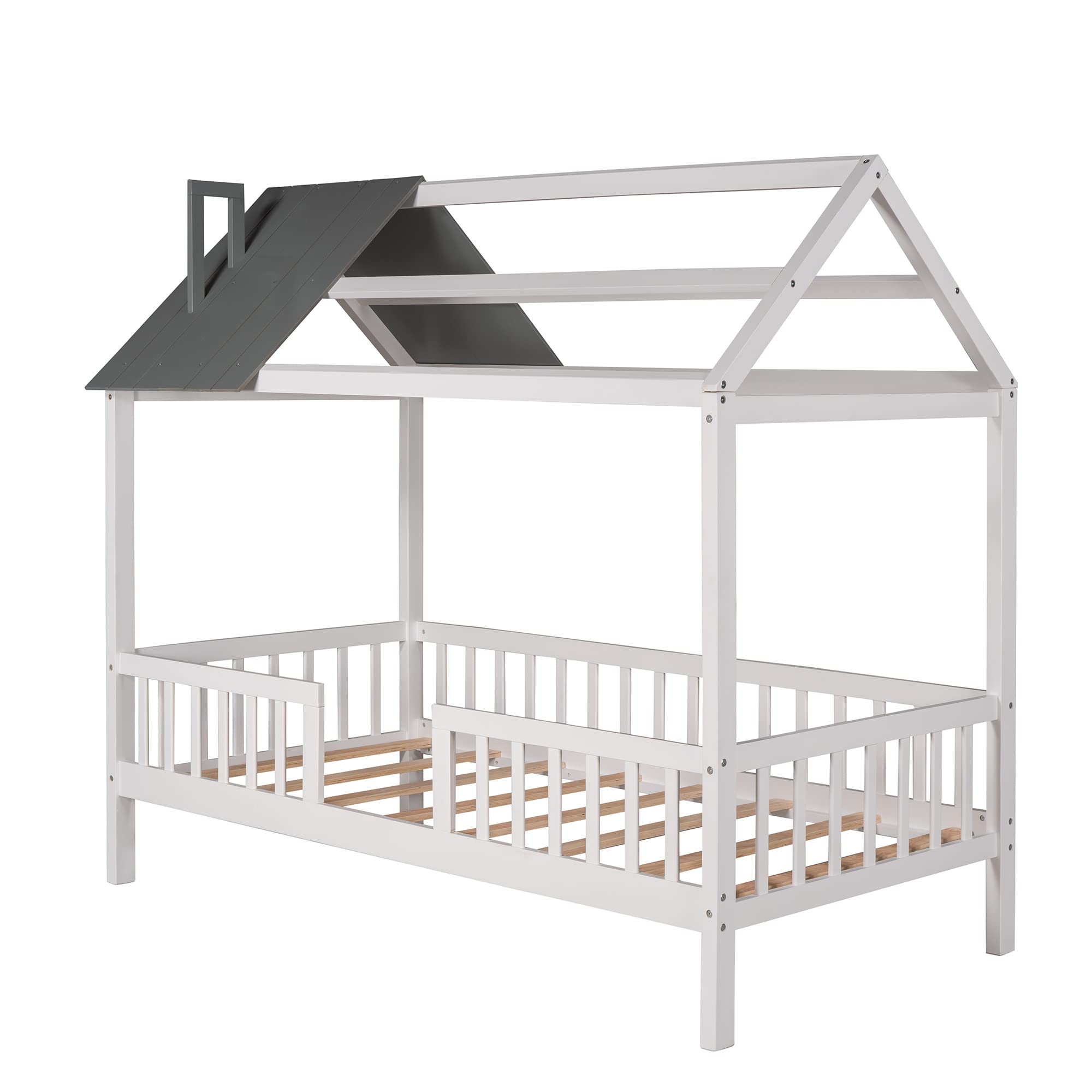 Bellemave Twin House Bed for Kids - Montessori Playhouse Bed Tent with Solid Wood Frame, Safety Fence & Roof - Perfect for Boys & Girls Bedroom (White+Gray) | Ideal for Playtime, Naptime & Imaginative Play