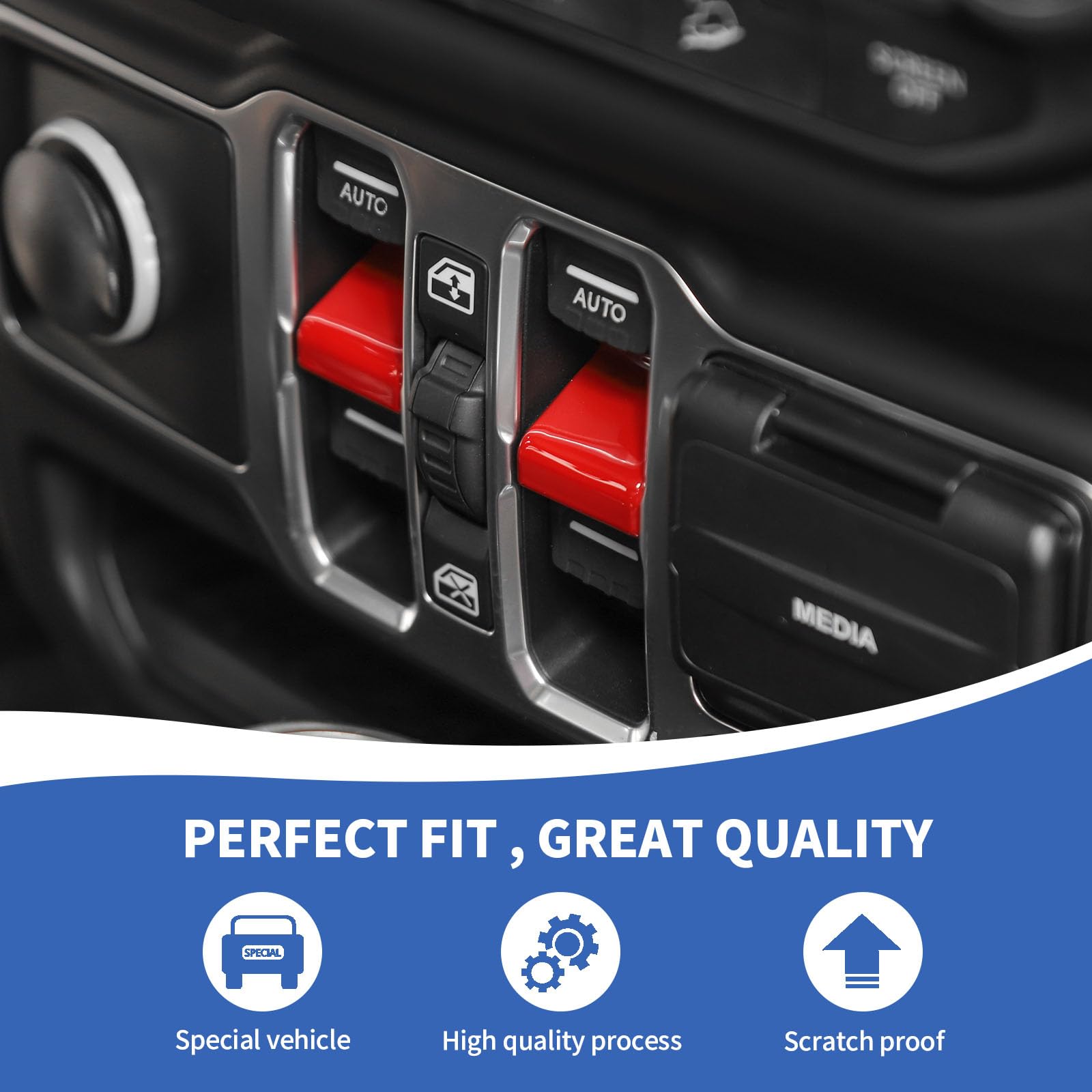 JL Window Switch Cover - Red Center Console Window Lift Switch Button Trim Compatible with 2018-2023 Jeep Wrangler JL JLU & Gladiator JT | Interior Accessories Upgrade for Enhanced Style & Protection | Perfect for Off-Roading & Daily Driving