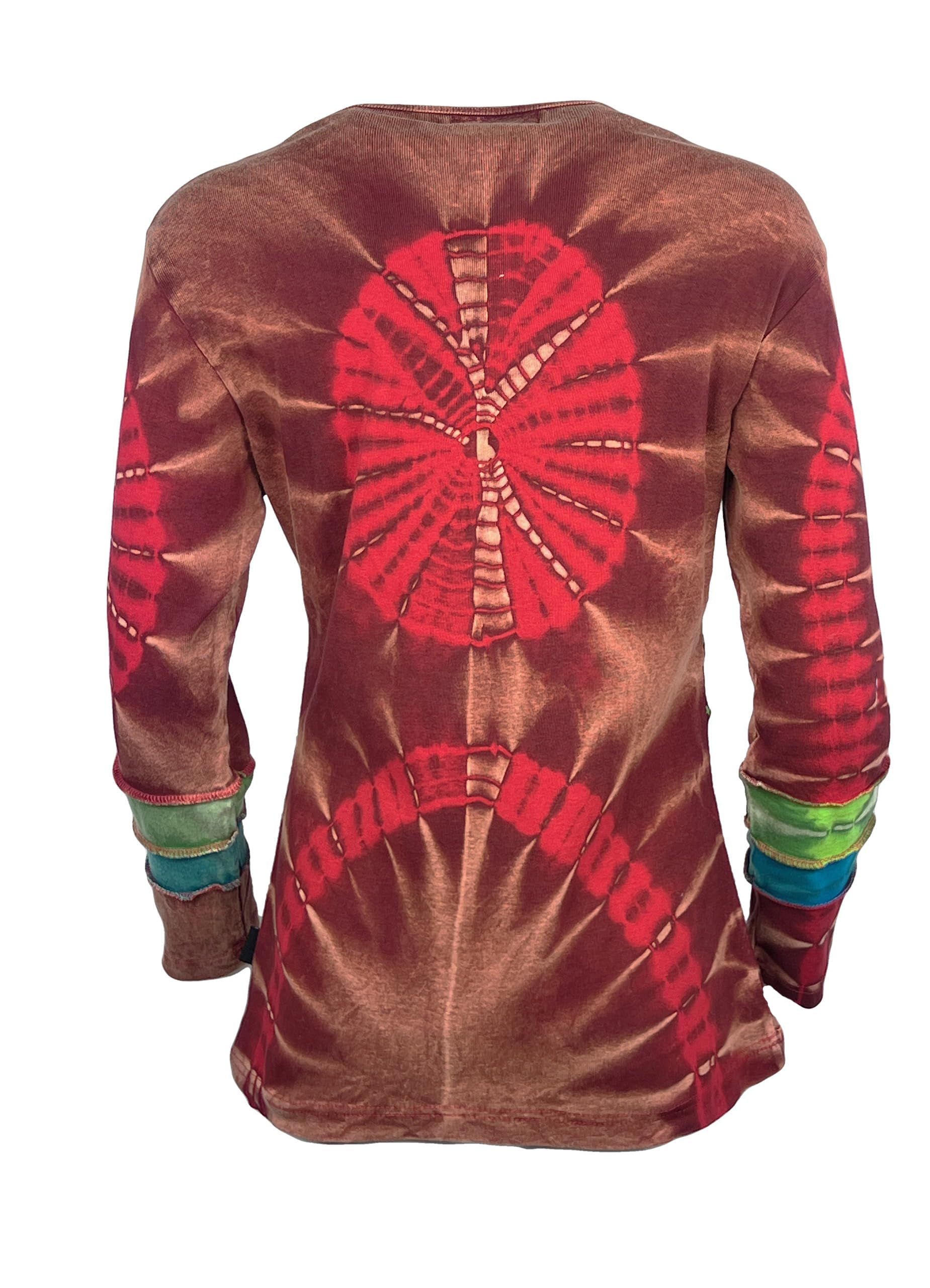 Agan Traders Women's 2025 Spring Rib Knit Cotton Stonewashed Bohemian Embroidered Long Sleeve Blouse - Tie Dye Patched Top (Size L, Red M2) | Casual Wear, Festival Outfit, Boho Chic Style