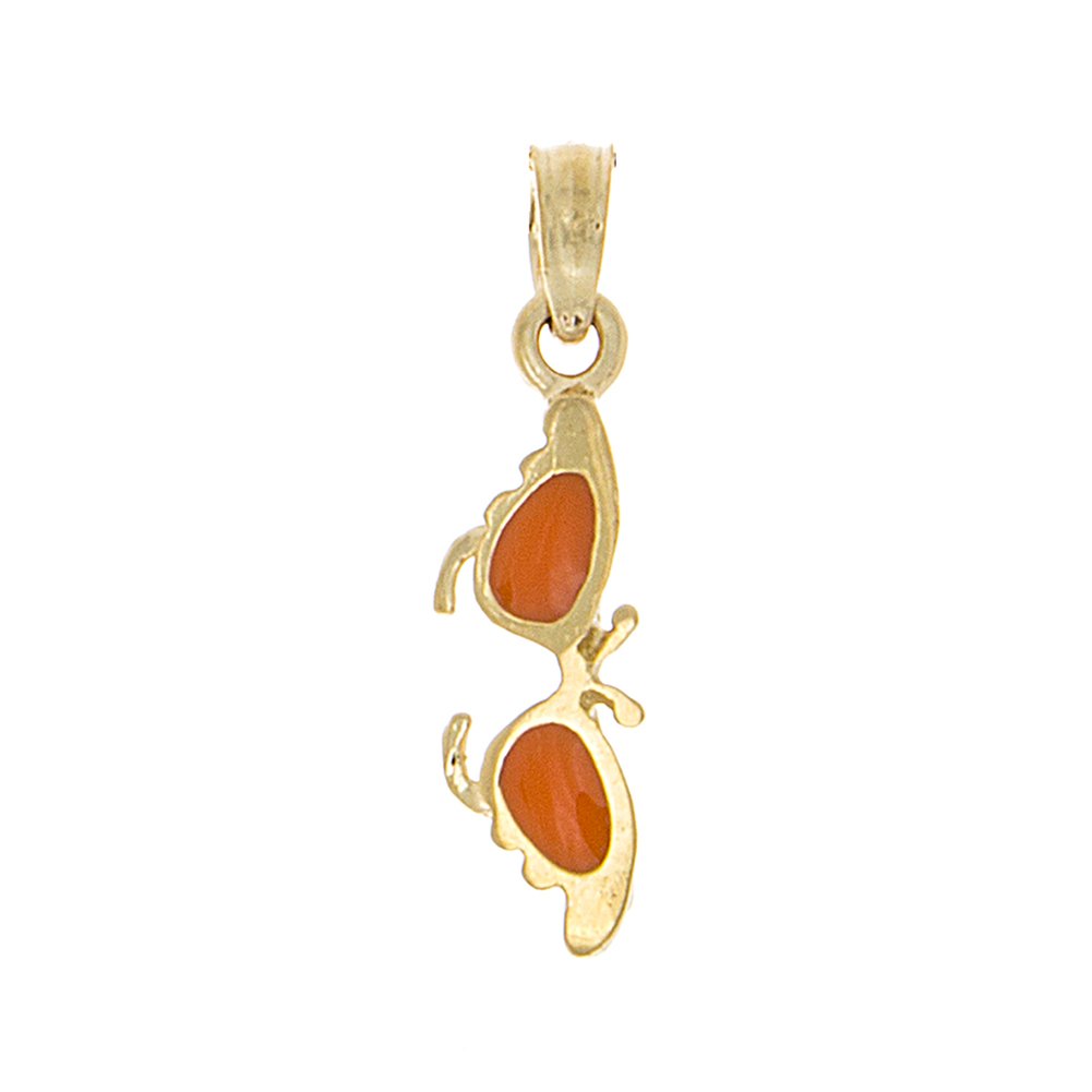 14K Yellow Gold Beach Charm Pendant with Small Orange Enamel Butterfly Sunglasses - Perfect for Summer Vacations, Beach Parties & Gift Giving