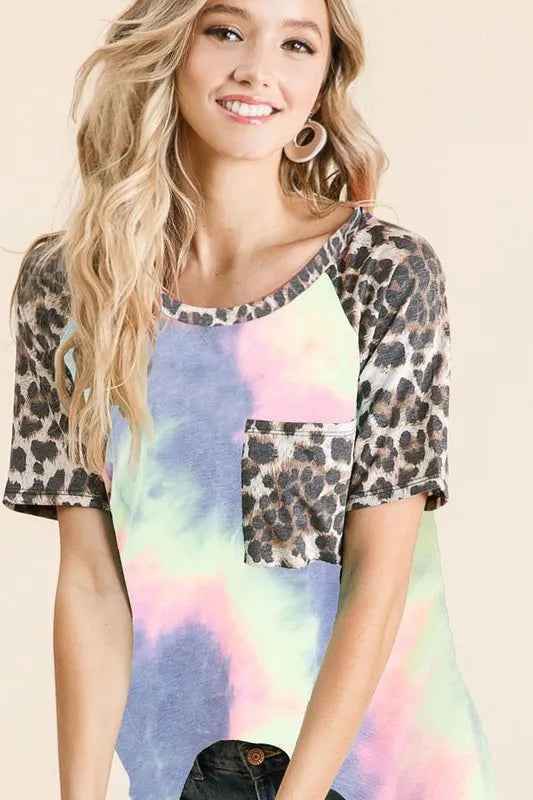 BiBi Tie Dye Knit Top with Leopard Print Raglan Sleeves | Trendy Women's Casual Shirt for Streetwear, Music Festivals & Boho Outfits