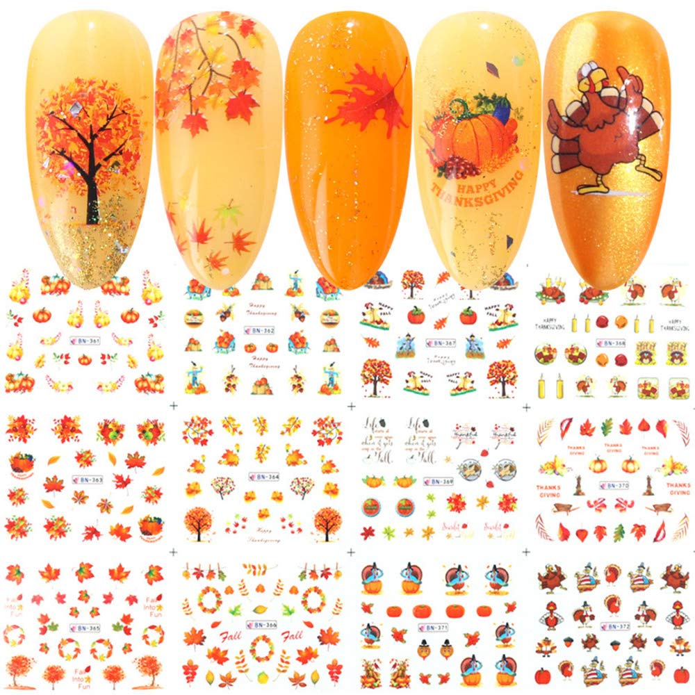 Halloween & Thanksgiving Nail Art Stickers - 12 Sheets Fall Nail Decals with Maple Leaf, Pumpkin & Turkey Designs | Water Transfer DIY Nail Stickers for Women, Girls & Kids | Perfect for Thanksgiving Decorations & Holiday Nail Art