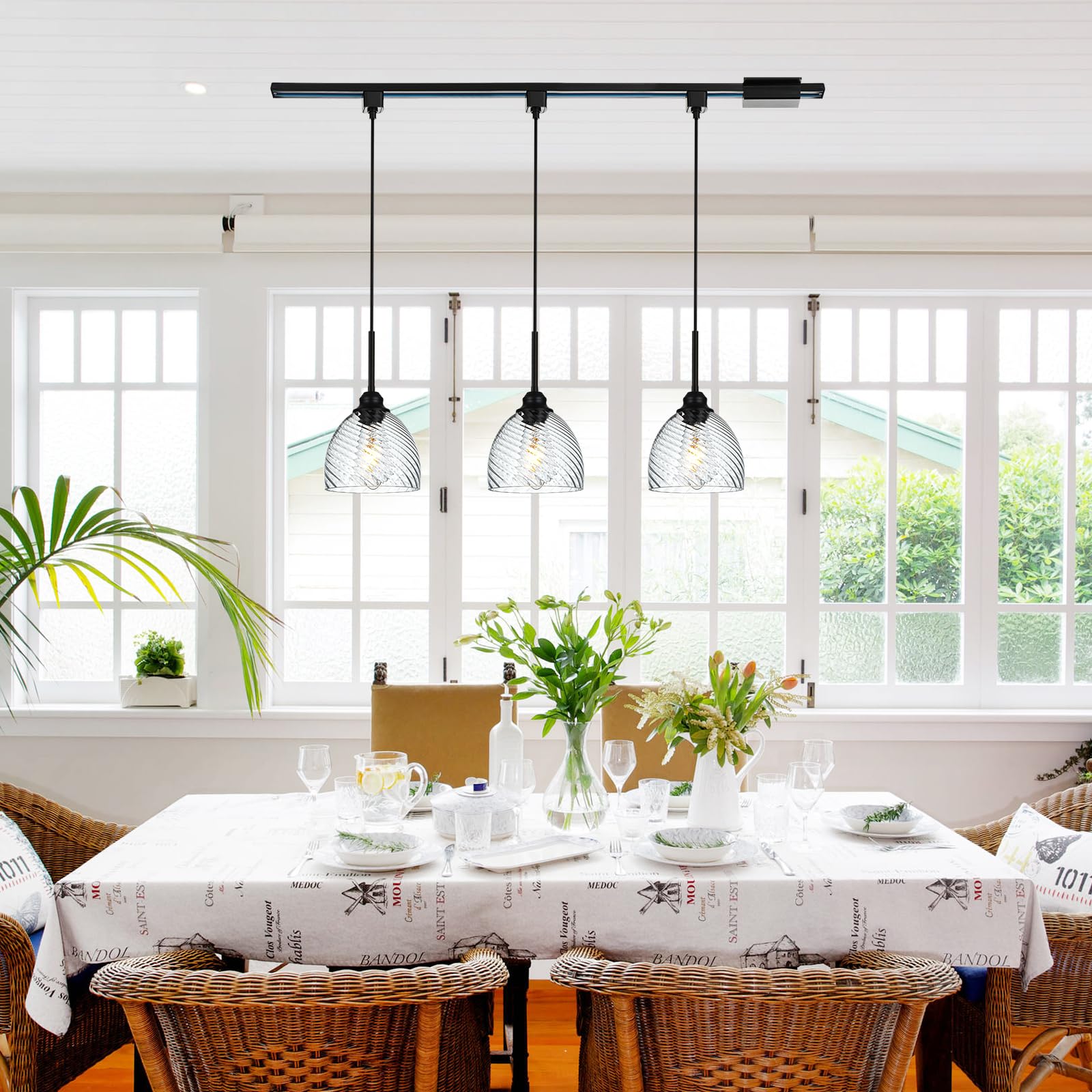 3-Pack Black Modern H Track Pendant Lights with Clear Ribbed Glass Shades - Adjustable Track Lighting Fixtures for Bedroom, Kitchen, Dining Room & Retail Shop | Dimmable LED Compatible