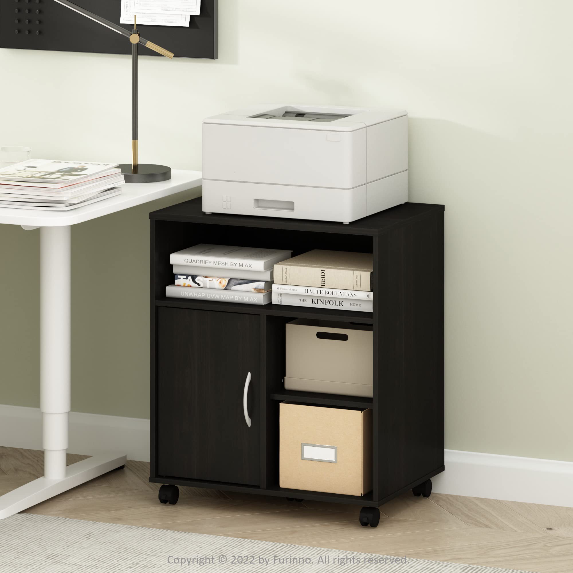 Furinno Econ Home Office Under Desk Printer Holder with Wheels - Espresso Cabinet for Printer Storage & Organization - Perfect for Small Spaces, Home & Office Use