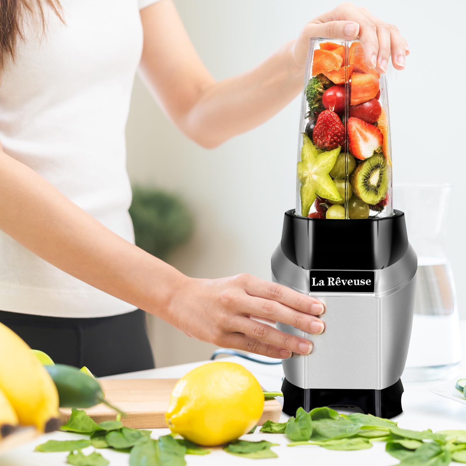 La Reveuse 1000W Personal Blender for Shakes, Smoothies & Protein Drinks - 24oz BPA-Free Travel Bottle, Dishwasher Safe (Silver) - Perfect for Gym, Office & On-the-Go Healthy Lifestyles