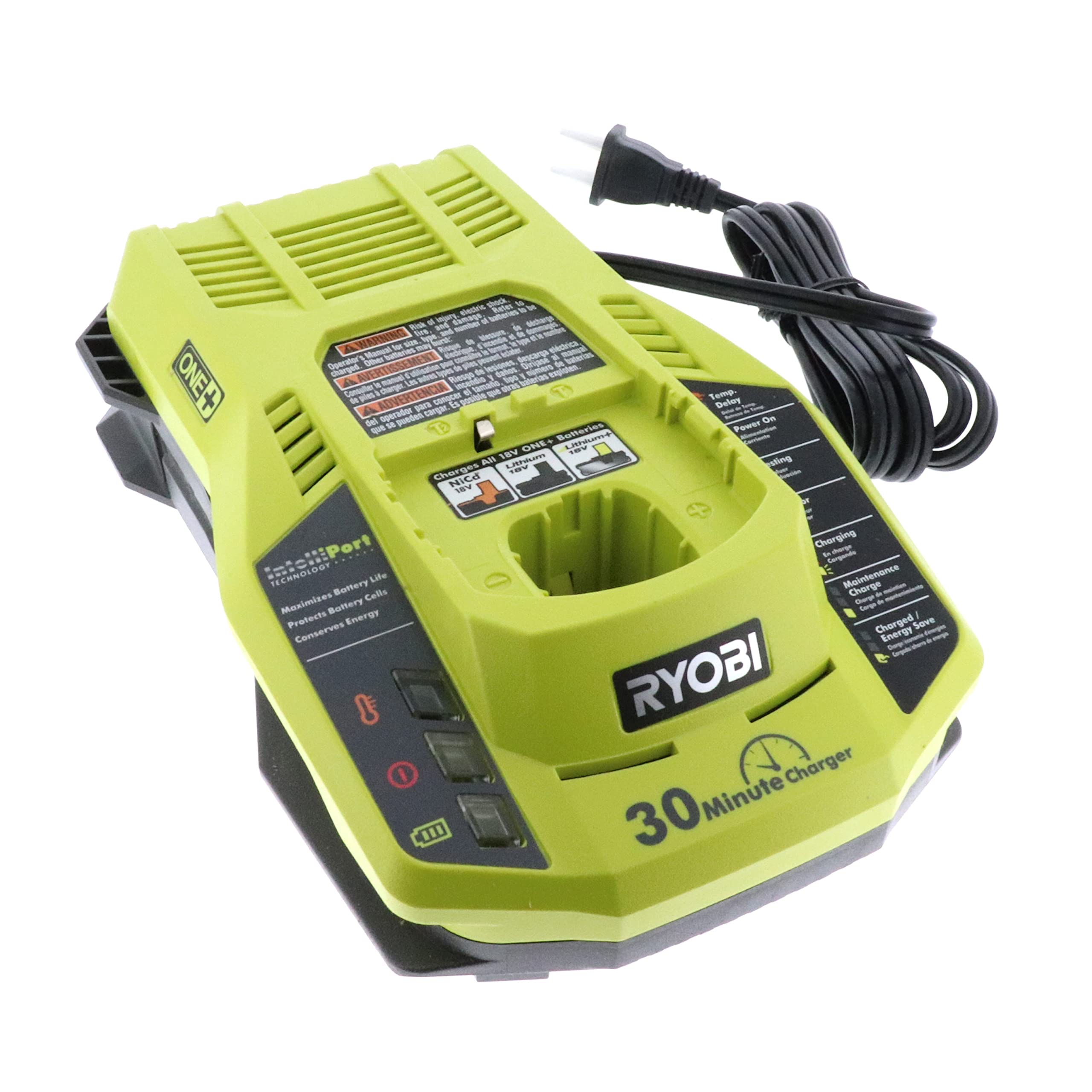 Ryobi P117 One+ 18V Dual Chemistry IntelliPort Lithium Ion & NiCad Battery Charger (Battery Not Included) - Fast Charging for Power Tools, Drills, Saws & More