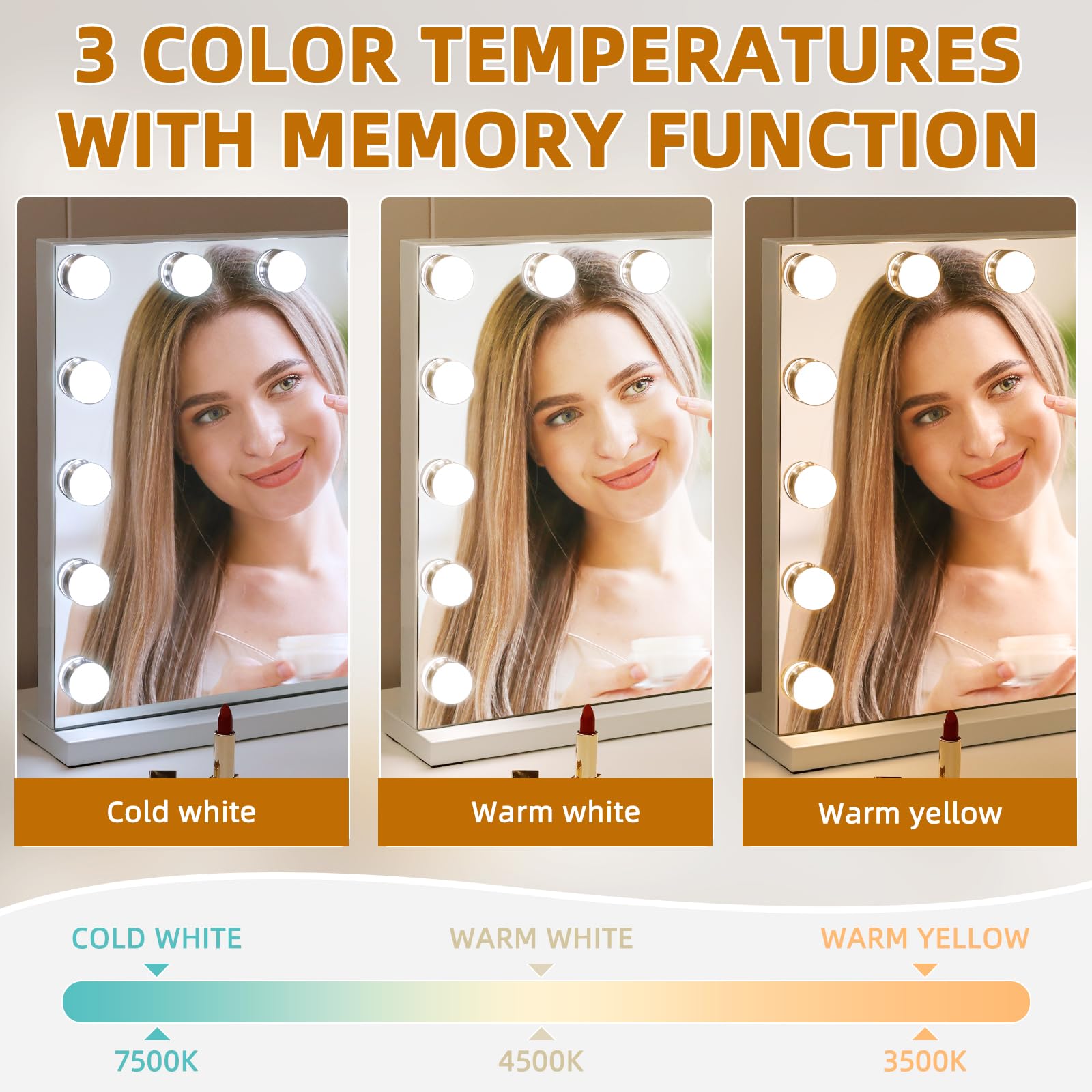 FENCHILIN Hollywood Vanity Mirror with Lights - 14 Dimmable LED Bulbs, 3 Color Modes, Touch Control for Makeup & Skincare - Perfect for Dressing Room, Bedroom & Bathroom (White)