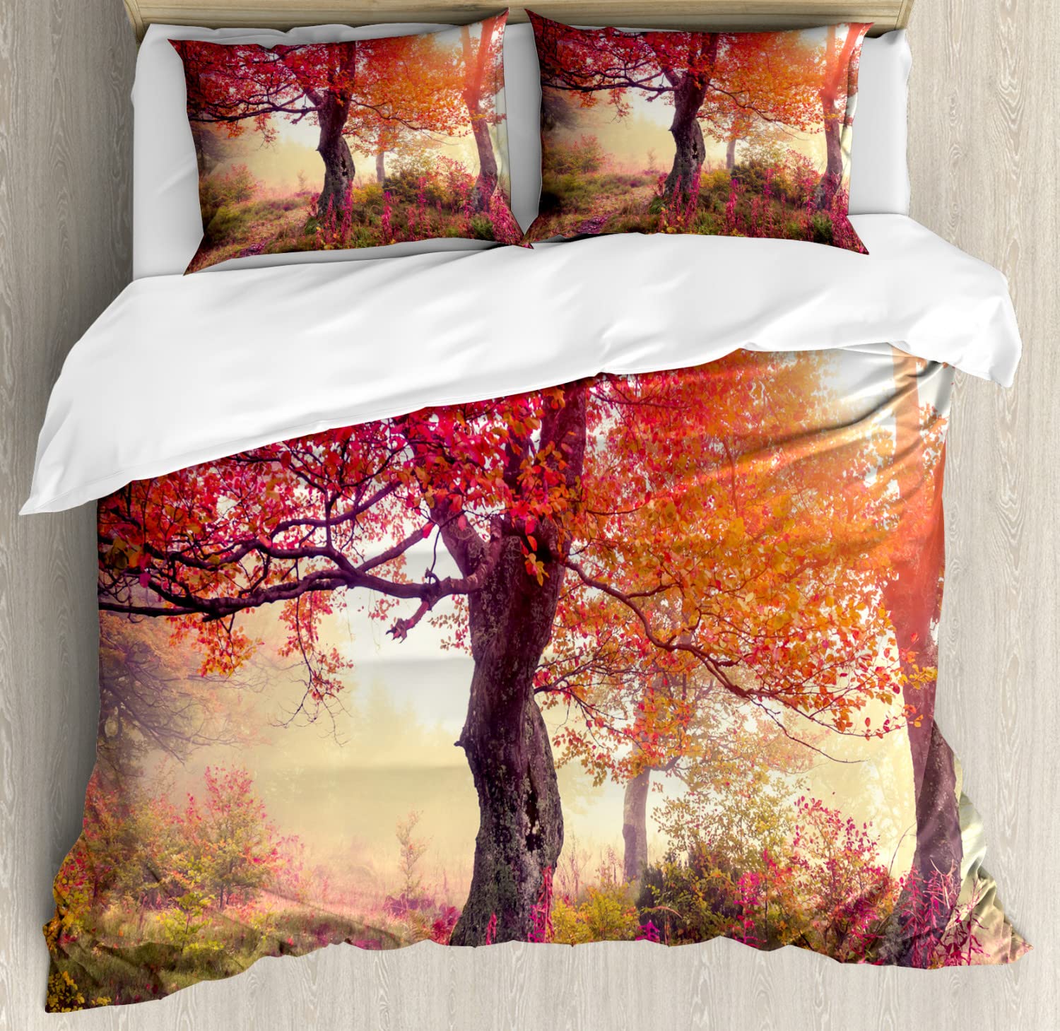 Ambesonne Forest Duvet Cover Set - King Size 2-Piece Bedding with Foggy Forest, Sunbeams & Autumn Leaves Design - Includes 2 Duvet Covers & 4 Pillowcases - Red Brown Nature Theme for Cozy Bedroom Decor - Perfect for Fall Season & Cabin Retreats
