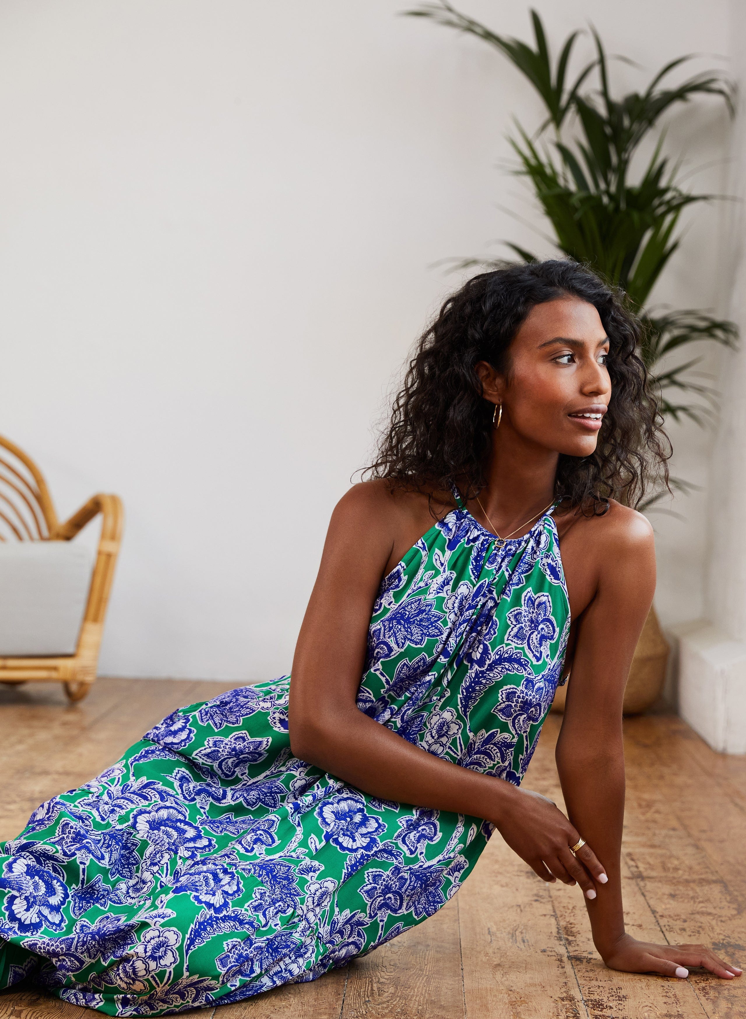 Everly Positano Print LENZING™ ECOVERO™ Halterneck Maxi Dress - Sustainable Women's Summer Dress in Green & Blue | Beach Wedding, Vacation, Boho Fashion