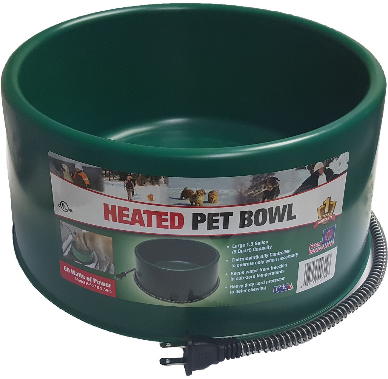 Farm Innovators Heated Pet Water Bowl - 60 Watt, 1.5 Gallon Capacity - Plug-in Heated Water Dish for Dogs, Cats, Goats - Perfect for Outdoor Use in Winter & Cold Weather