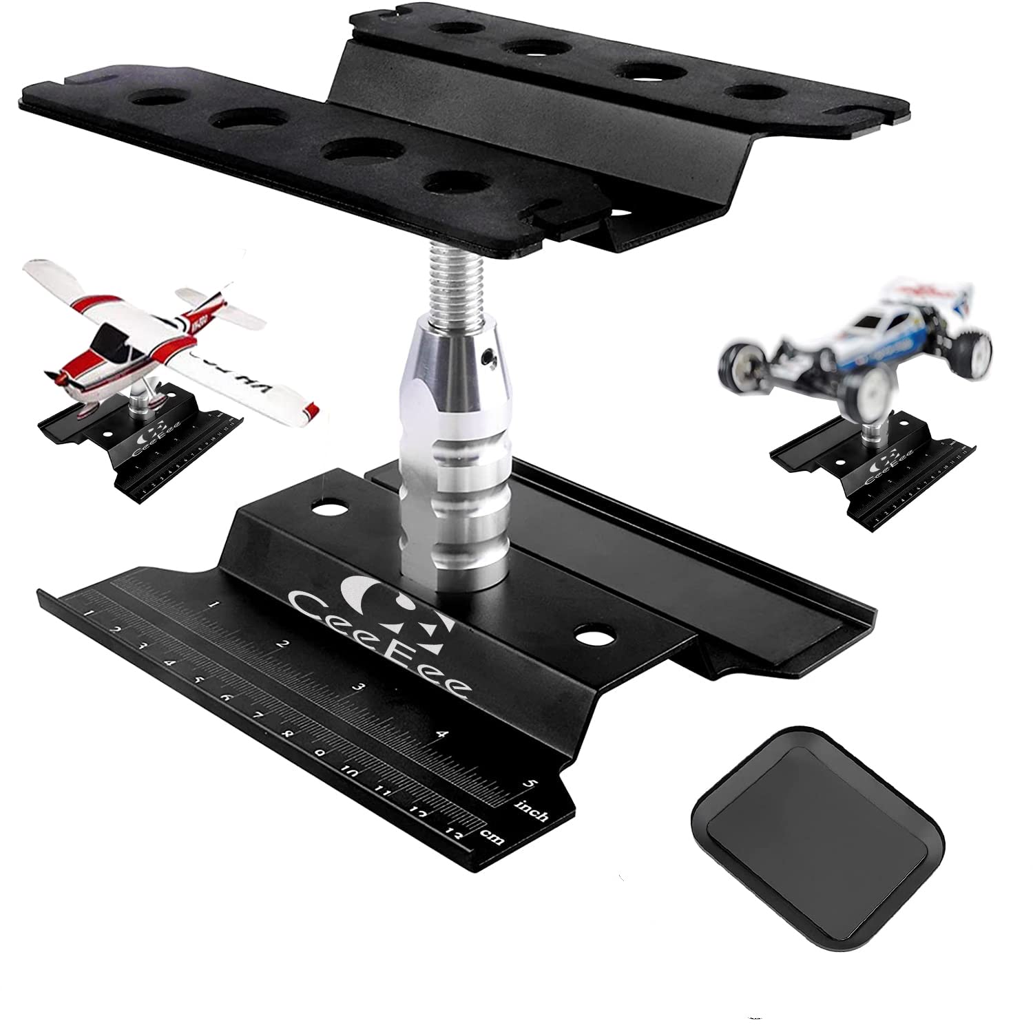 Adjustable Aluminum Alloy RC Car Repair Stand with Screw Tray - Universal Workstation for 1/8 1/10 1/12 Scale RC Cars, Trucks, Buggies & Crawlers (Black) - Perfect for RC Maintenance, Upgrades & Repairs in Garage or Workshop