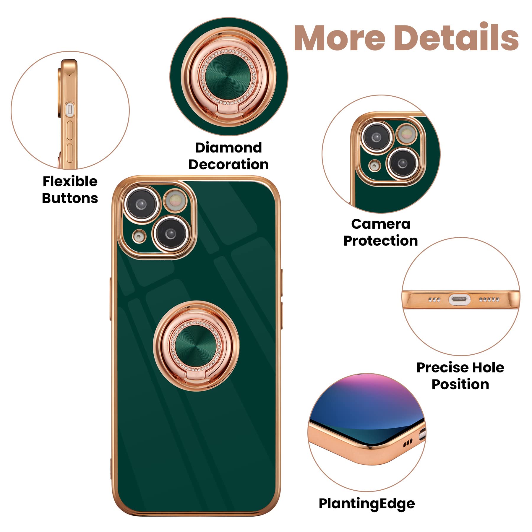 Premium TPU iPhone 14 Case with Ring Stand & Gold Trim - Shockproof Protective Cover for iPhone 14 (6.1 Inch) in Green | Perfect for Hands-Free Viewing, Secure Grip & Everyday Protection