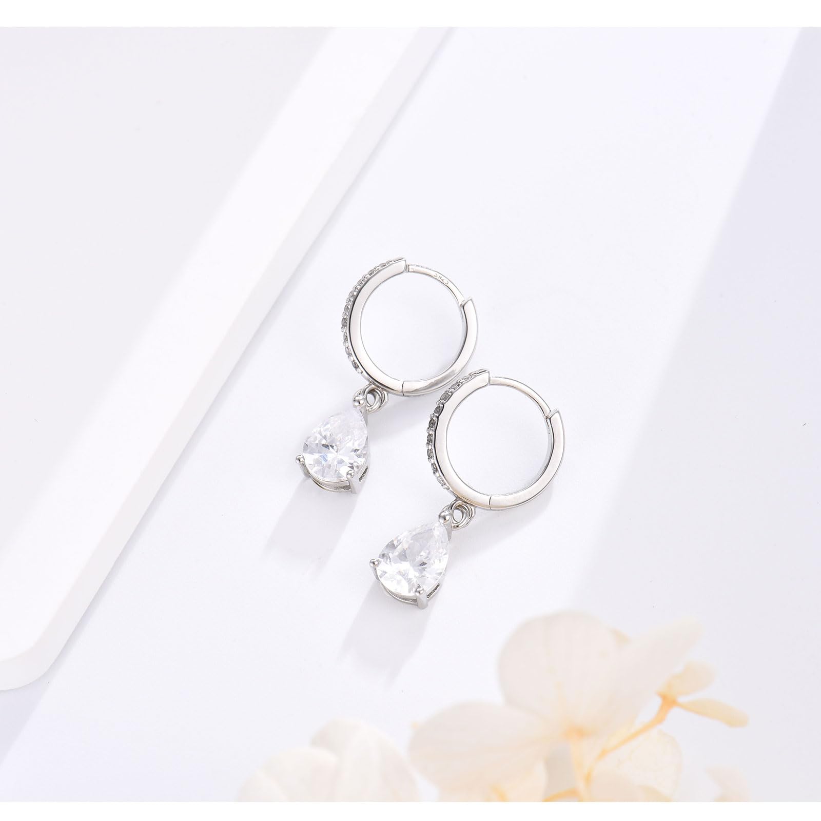 Sterling Silver Hoop Earrings for Women & Girls - 10mm Drop Hoop Earrings with Cubic Zirconia | Hypoallergenic CZ Huggie Hoops, Dangle Dangling Teardrop Earrings | Perfect for Parties, Weddings & Everyday Wear