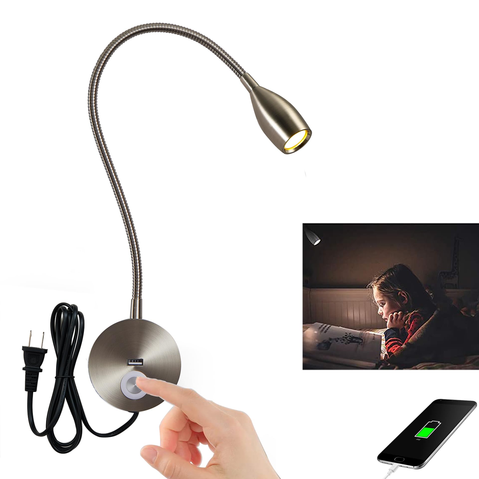 Wall Mounted Dimmable LED Reading Light with Touch Switch - Adjustable Gooseneck Task Lamp for Bed Headboard (3W, 120V AC, Brushed Nickel, Warm White) - Perfect for Night Reading, Studying, and Bedside Lighting