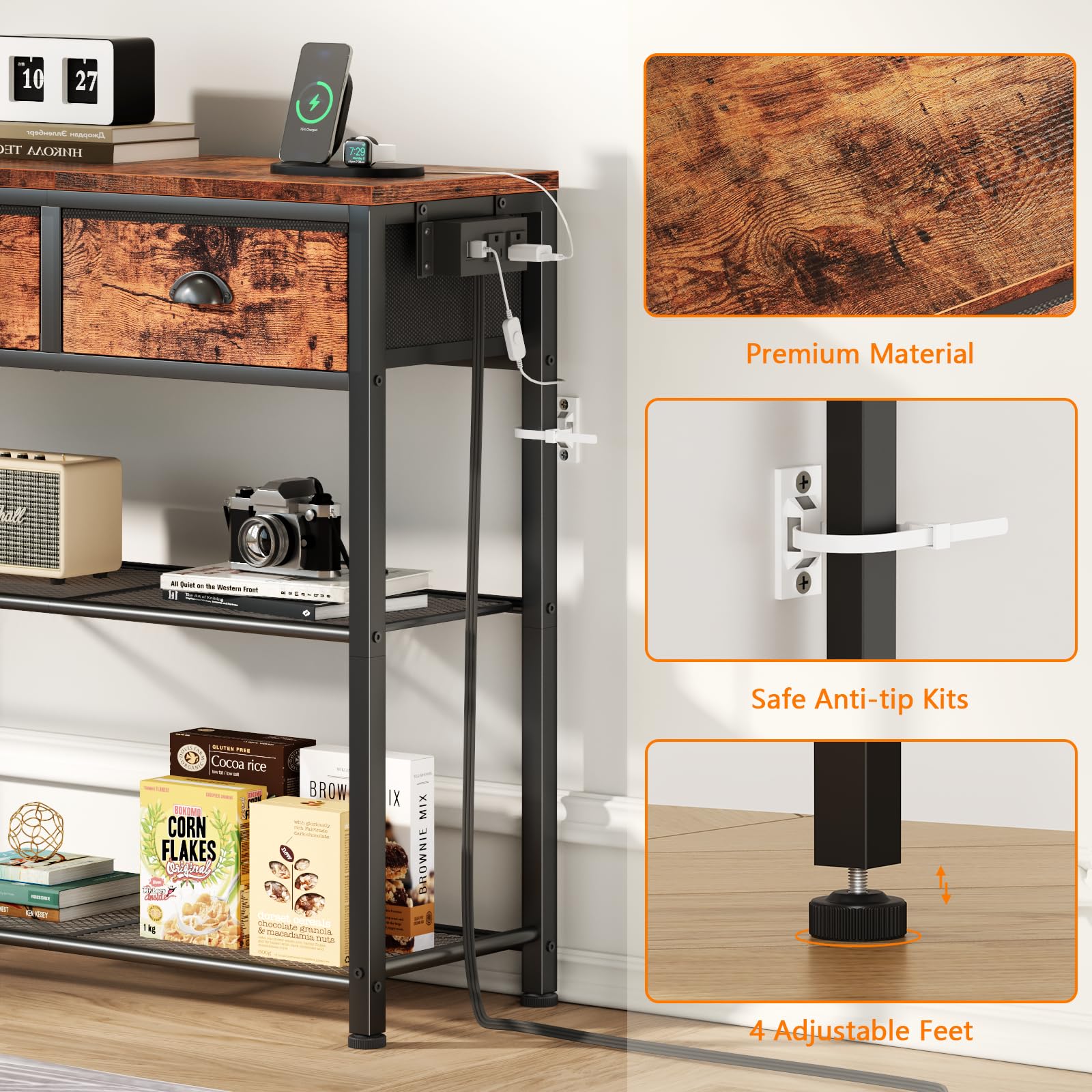 Industrial Console Table with Charging Station & LED Light - 38