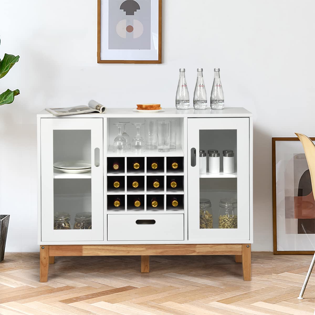 Modern Kitchen Storage Sideboard with Wine Rack - 12 Bottle Capacity, 2 Glass Doors, Adjustable Shelves & Drawer - Coffee Bar Cabinet for Dining Room, Entryway or Kitchen Organization